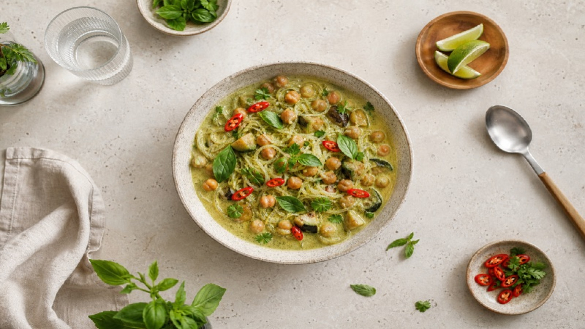 Grünes Curry mit Glasnudeln und Kichererbsen