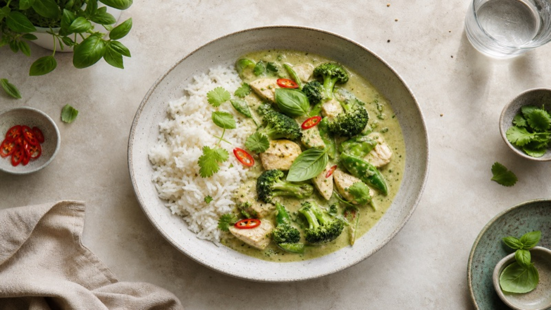 Grünes Curry mit Jasminreis und Brokkoli