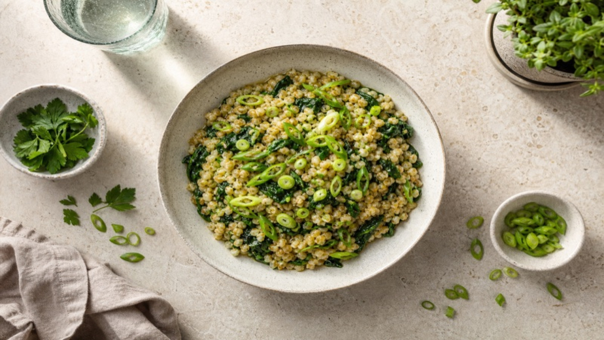 Grünkern-Porridge mit Spinat und Frühlingszwiebeln