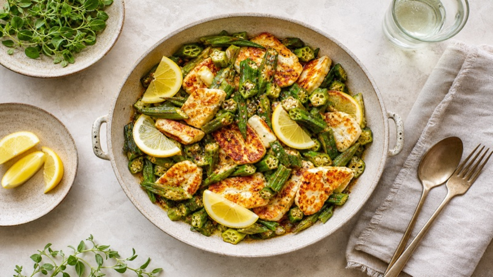 Halloumi-Pfanne mit Okra und Zitrone