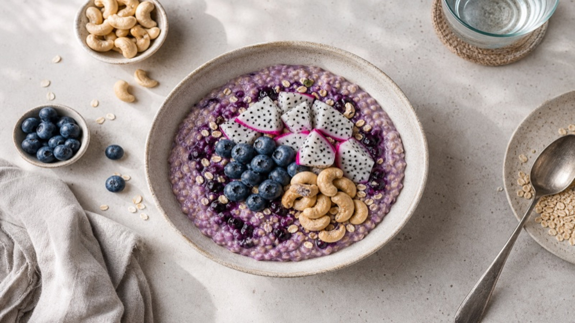 Heidelbeer-Hafer-Bowl mit Cashews und Drachenfrucht