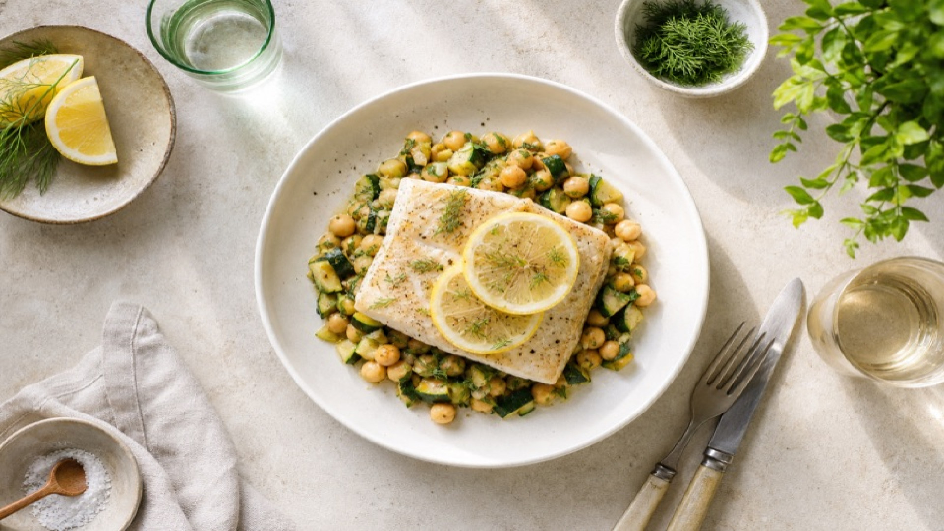 Heilbutt auf Kichererbsen-Zucchini-Bett mit Zitrone