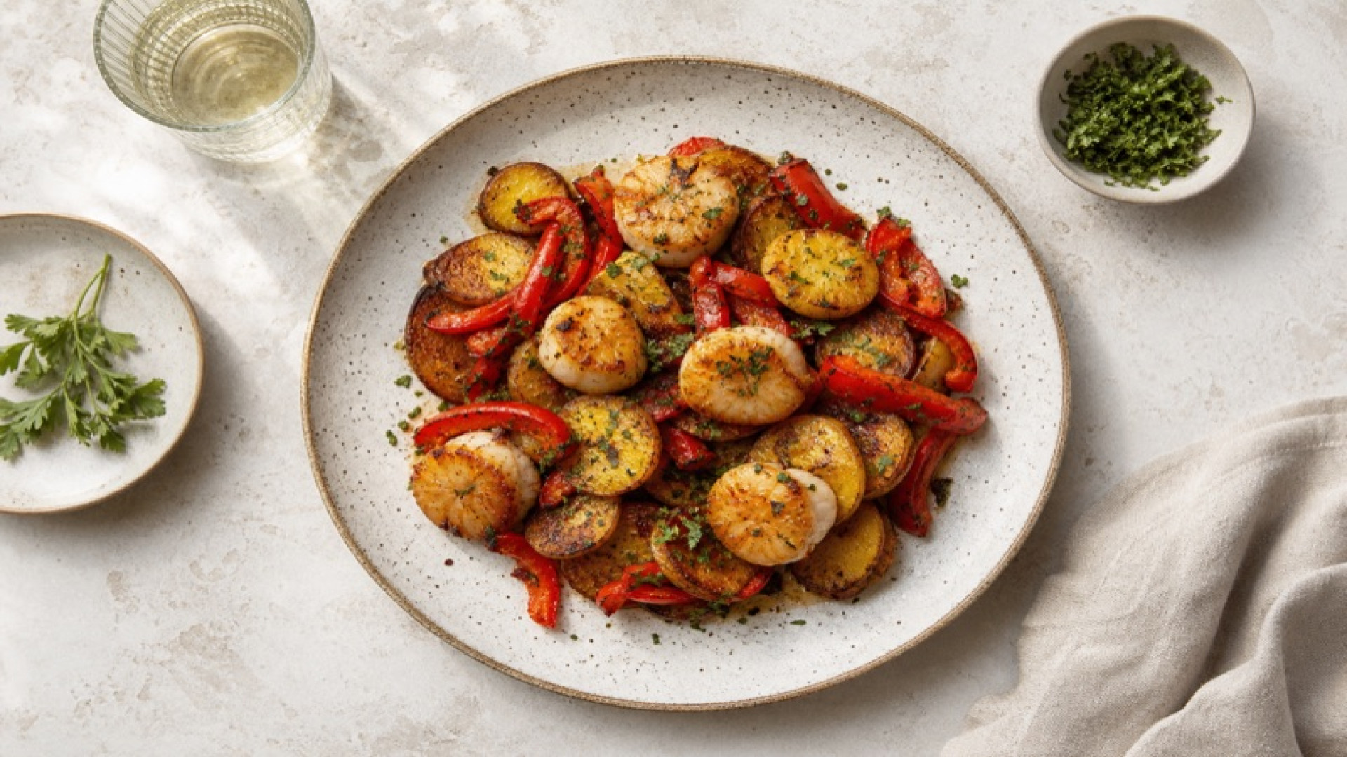 Herzhafte Bratkartoffeln mit Jakobsmuscheln und Rotem Paprika
