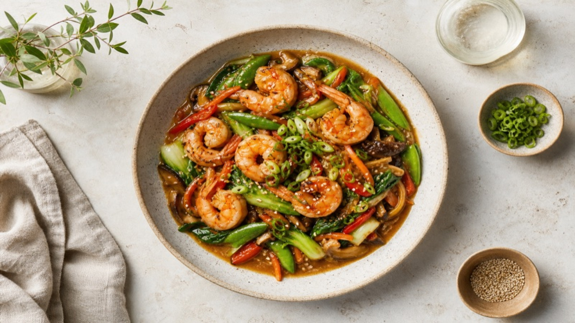 Herzhafte Garnelen-Pfanne mit asiatischem Gemüse und Miso
