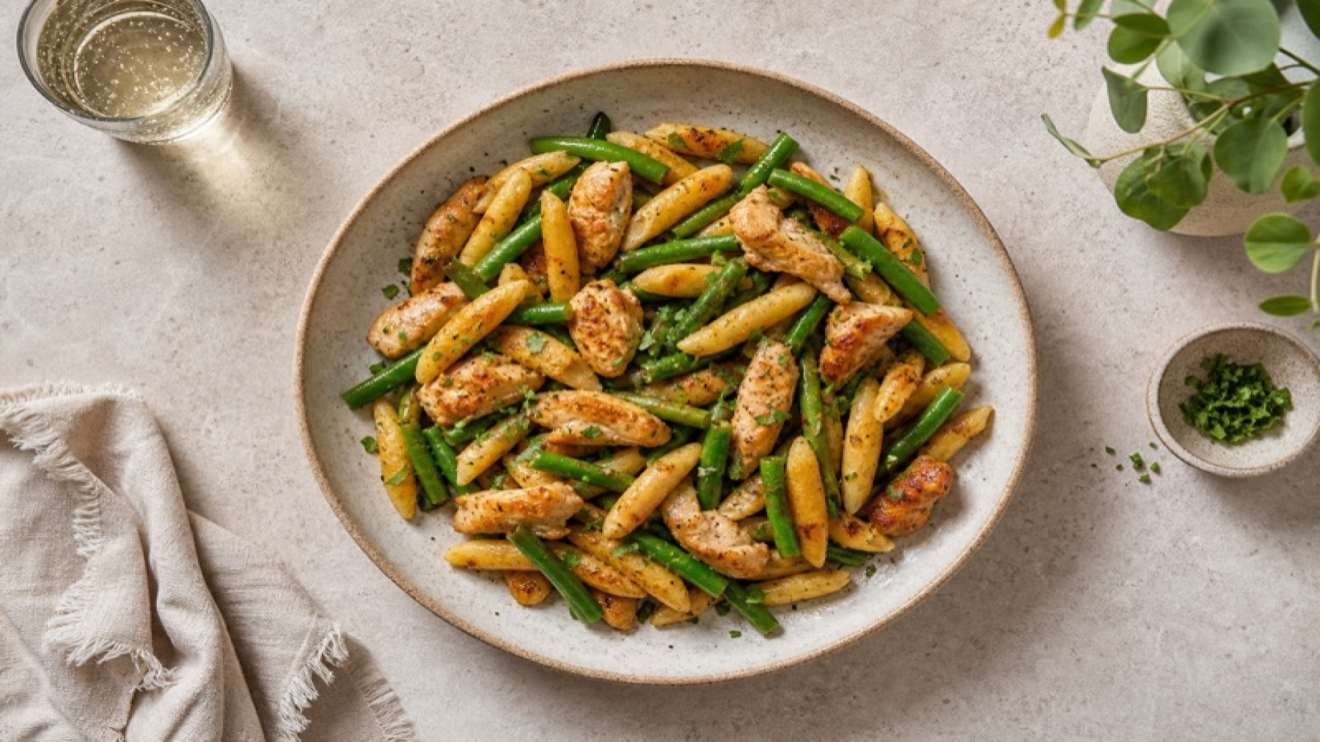 Herzhafte Hähnchen-Schupfnudeln-Pfanne mit grünen Bohnen