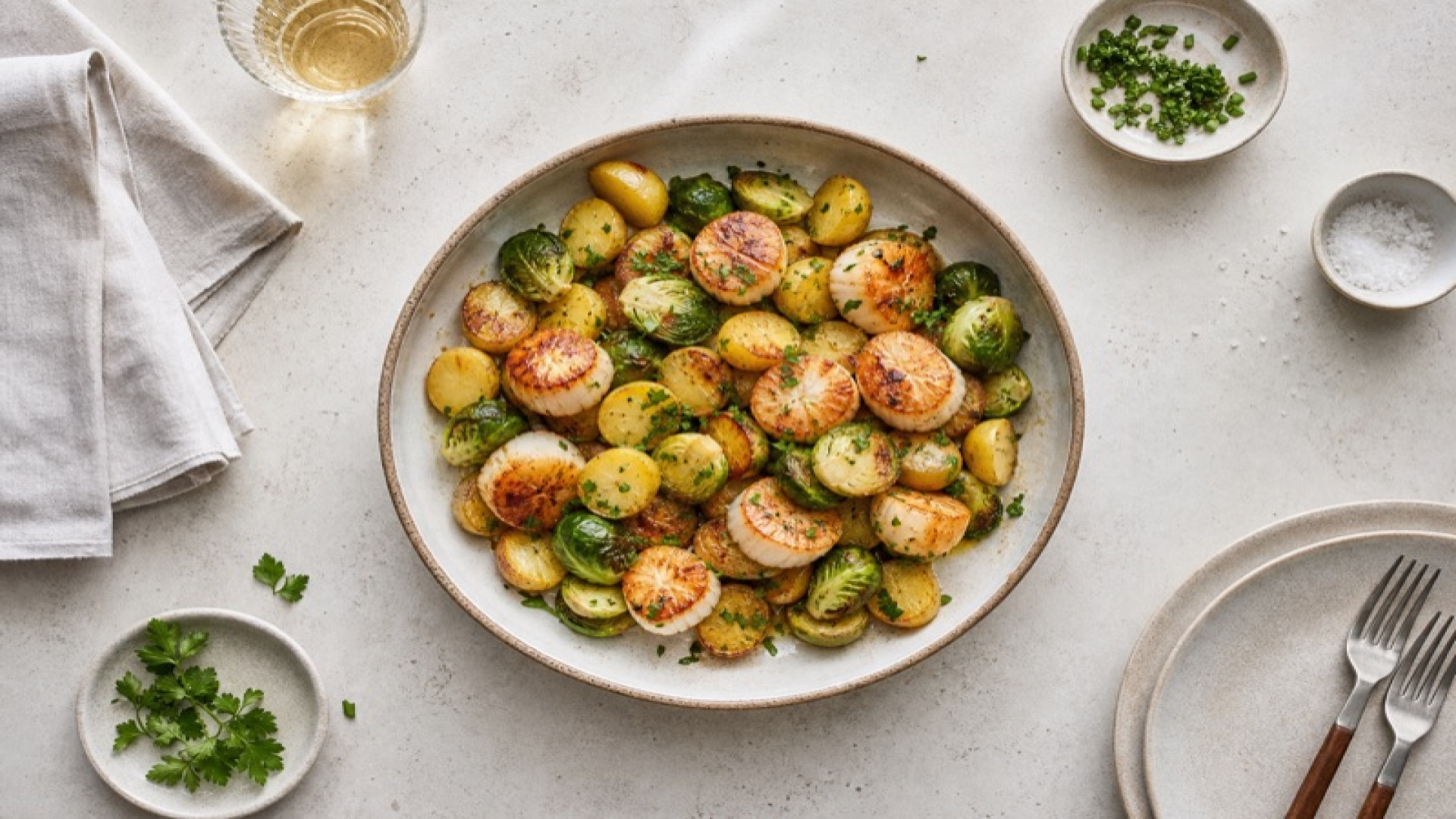 Herzhafte Jakobsmuschel-Pfanne mit Rosenkohl und Kartoffeln