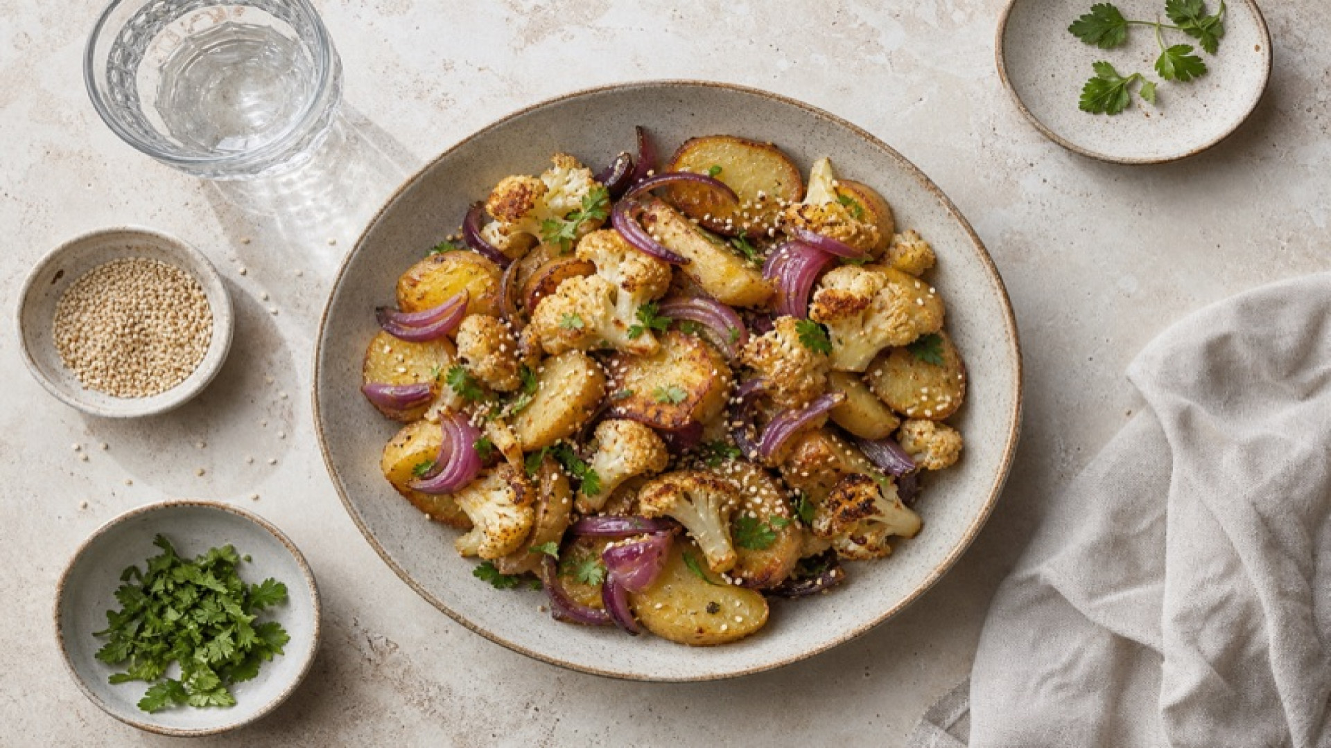 Herzhafte Kartoffel-Blumenkohl-Pfanne mit Roten Zwiebeln und Sesam