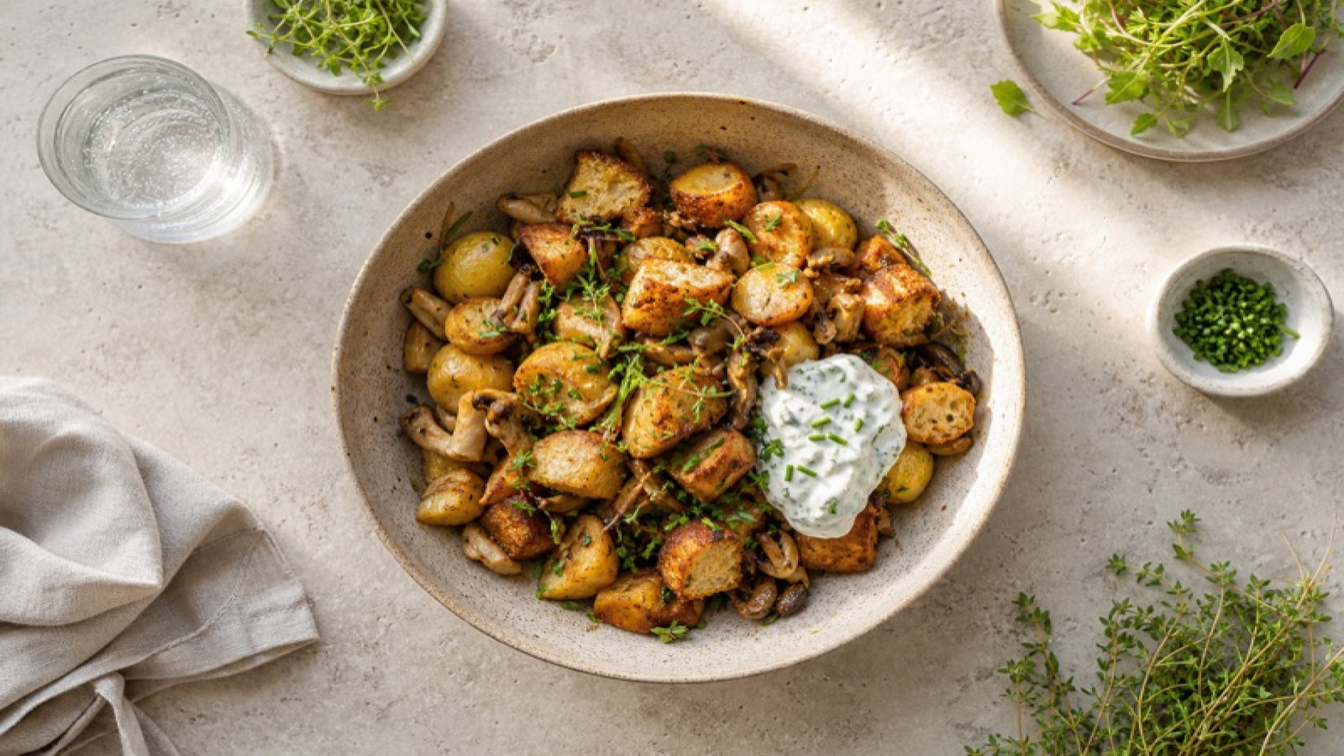 Herzhafte Kartoffel-Brötchen-Pfanne mit Mischpilzen und Kräuterquark
