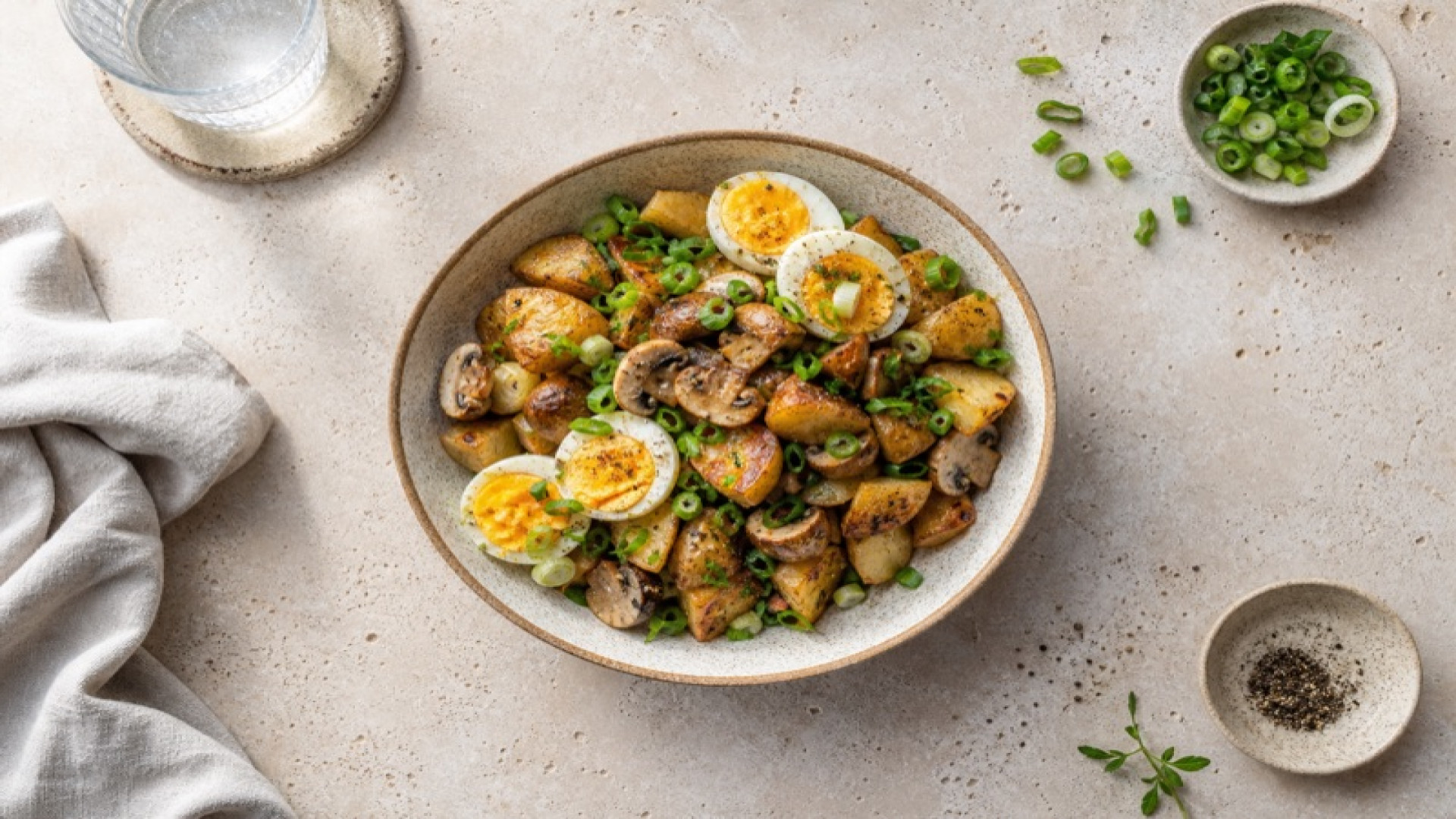 Herzhafte Kartoffel-Ei-Bowl mit Champignons und Frühlingszwiebeln
