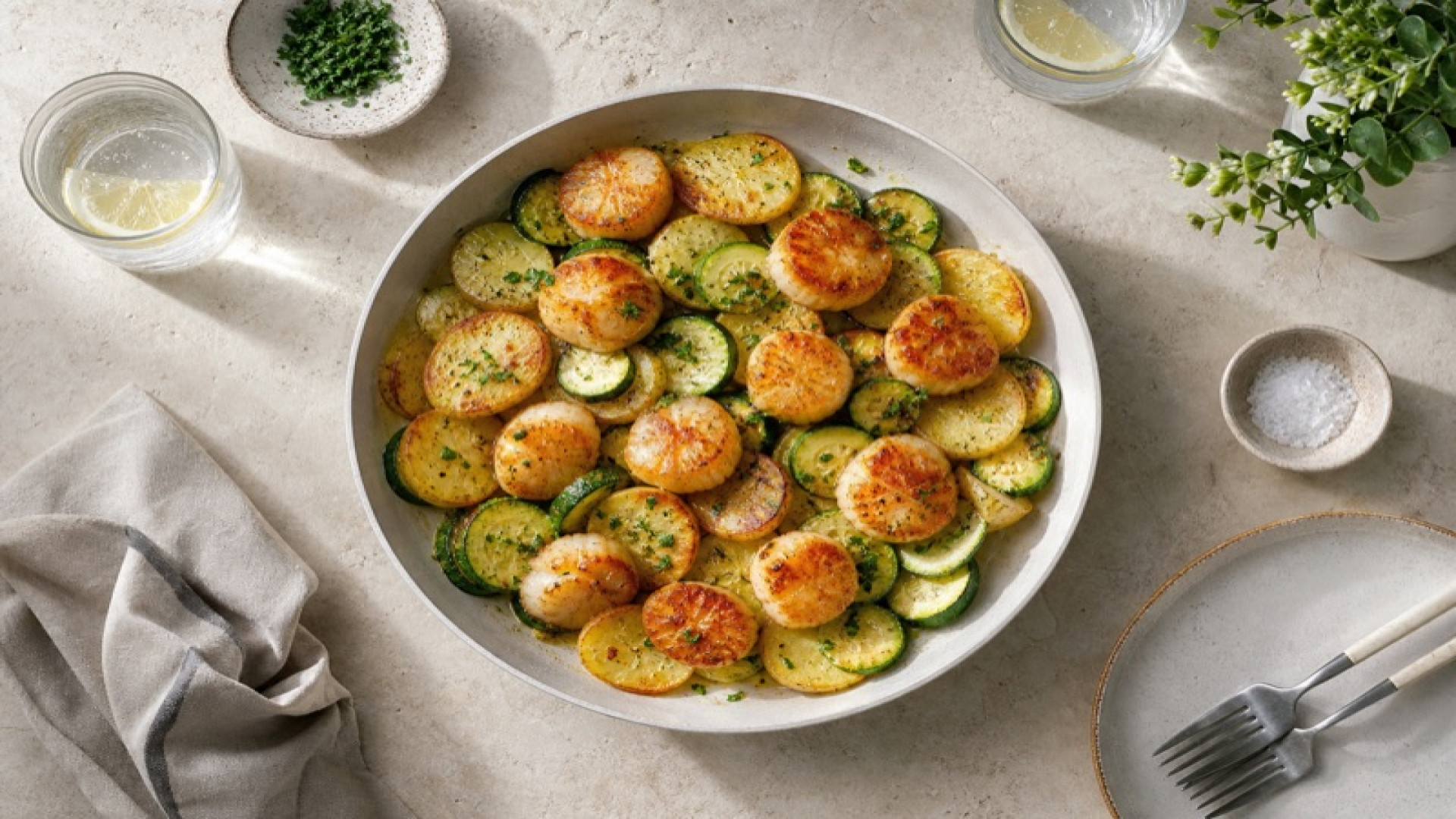 Herzhafte Kartoffel-Jakobsmuschel-Pfanne mit Zucchini