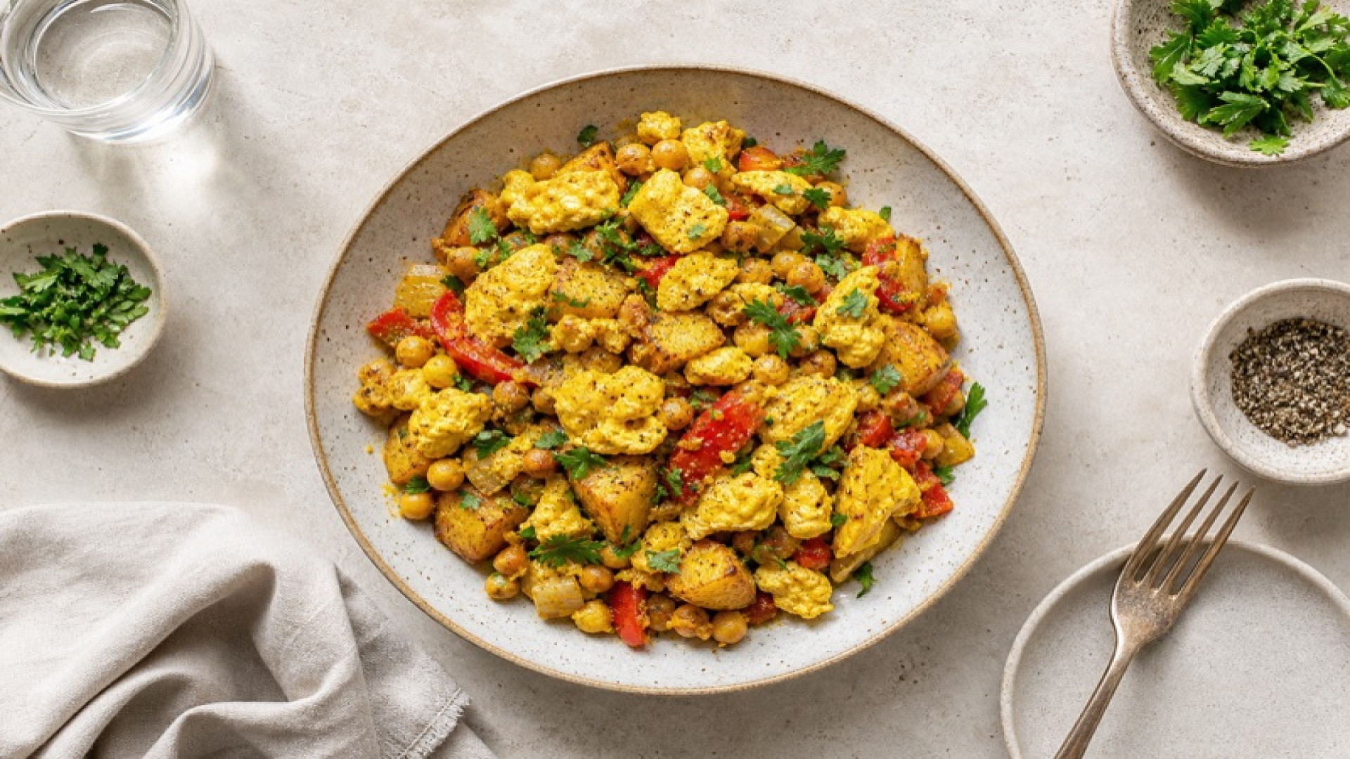 Herzhafte Kartoffel-Kichererbsen-Pfanne mit Rührei und Kurkuma