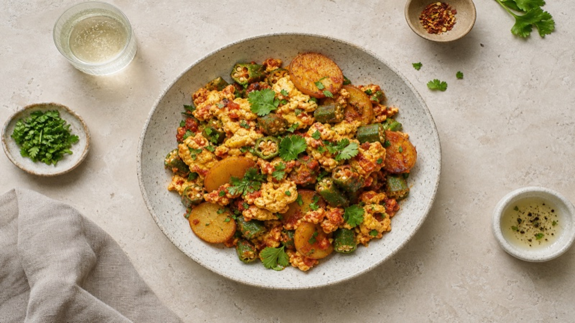 Herzhafte Kartoffel-Okra-Pfanne mit Rührei und Tomatenmark