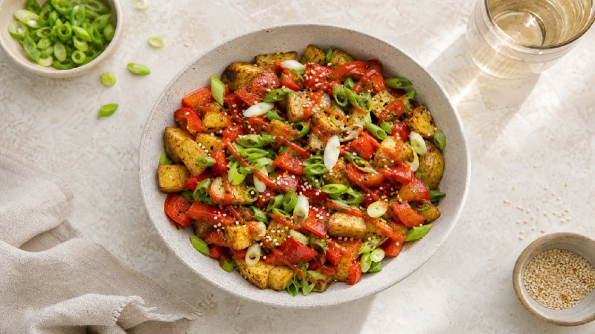 Herzhafte Kartoffel-Paprika-Bowl mit Sriracha und Frühlingszwiebeln