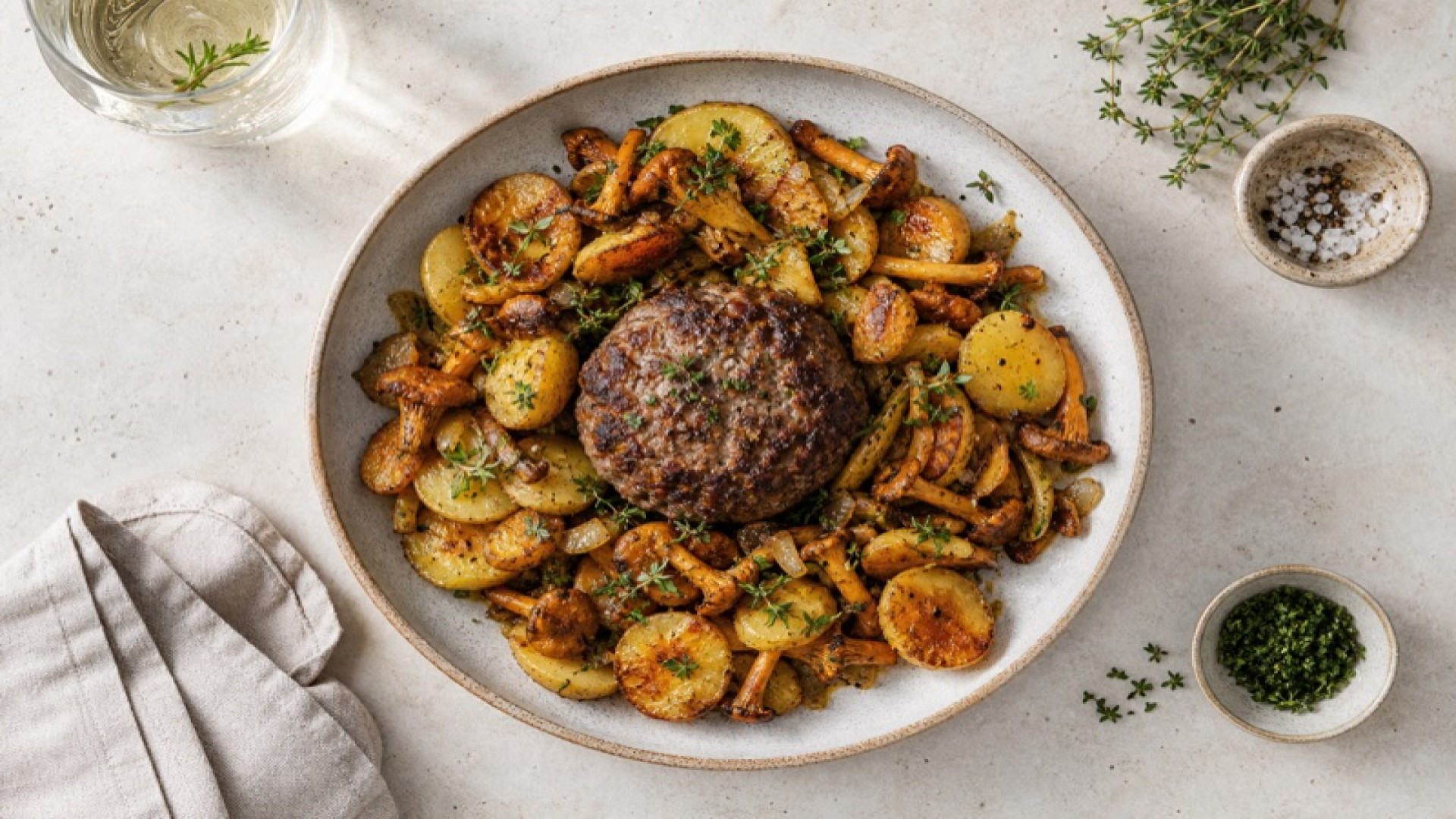 Herzhafte Kartoffel-Pfifferling-Pfanne mit Rinderfrikadelle