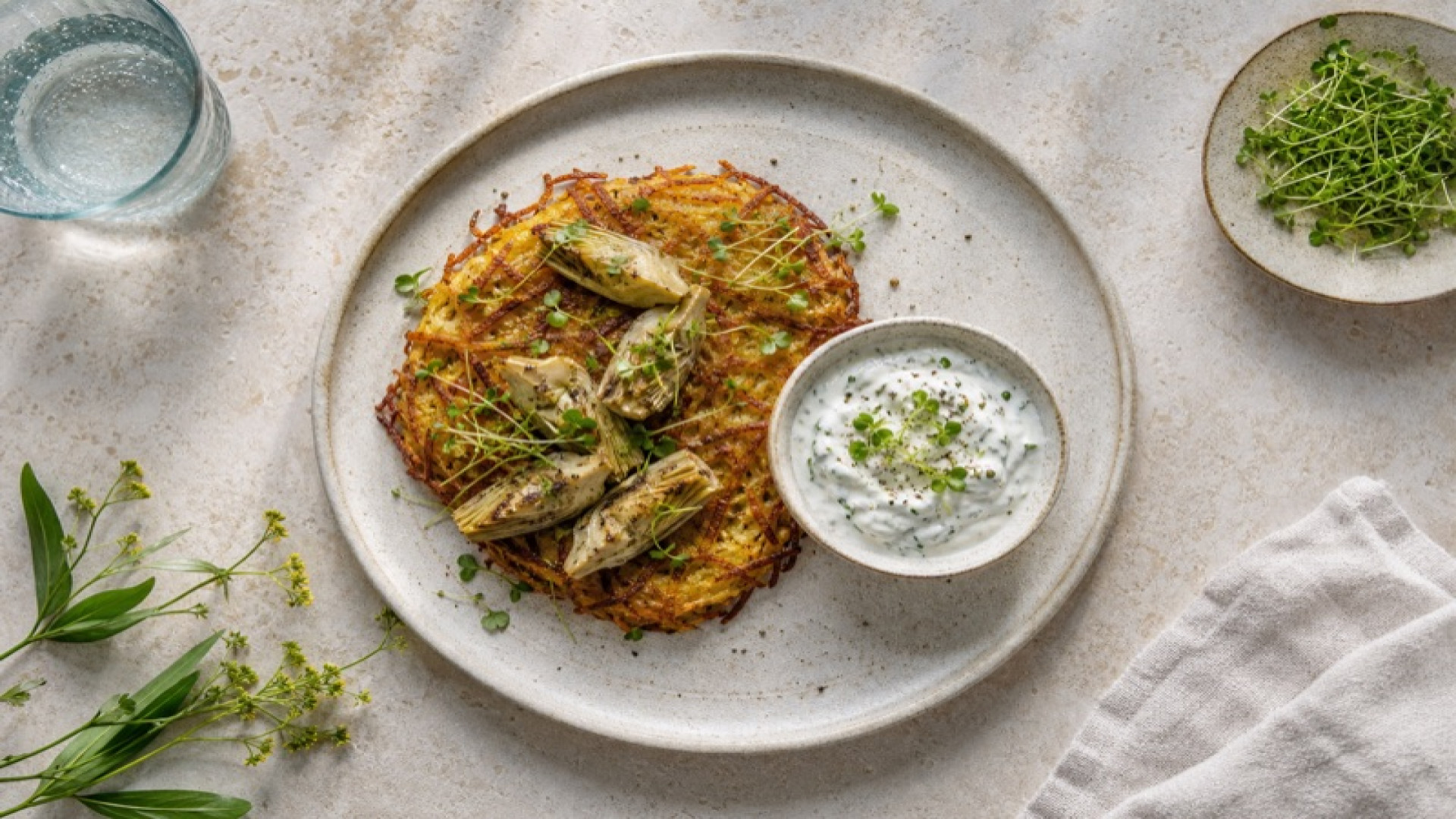 Herzhafte Kartoffel-Rösti-Scheibe mit Artischocken und Skyr-Kräuter-Dip