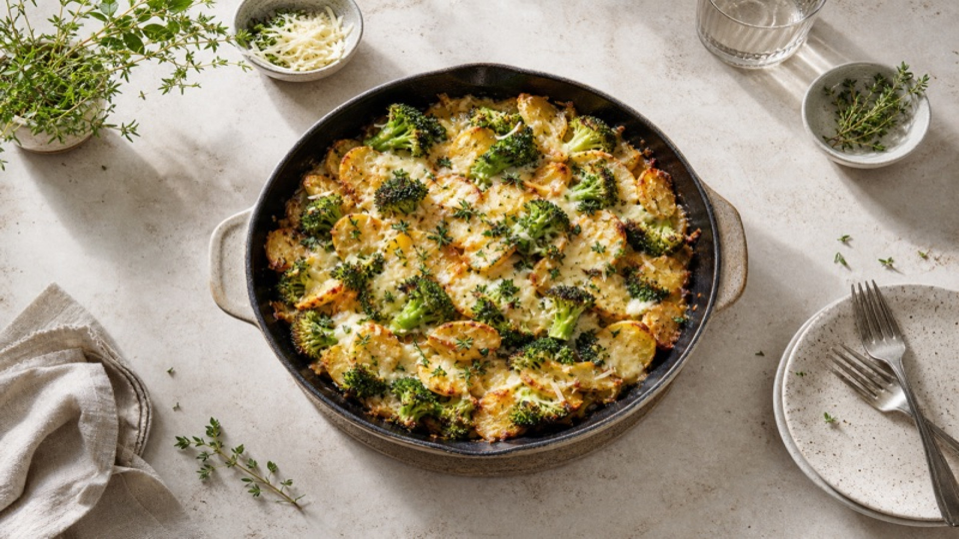 Herzhafte Kartoffel-Skillet mit Brokkoli und Bergkäse