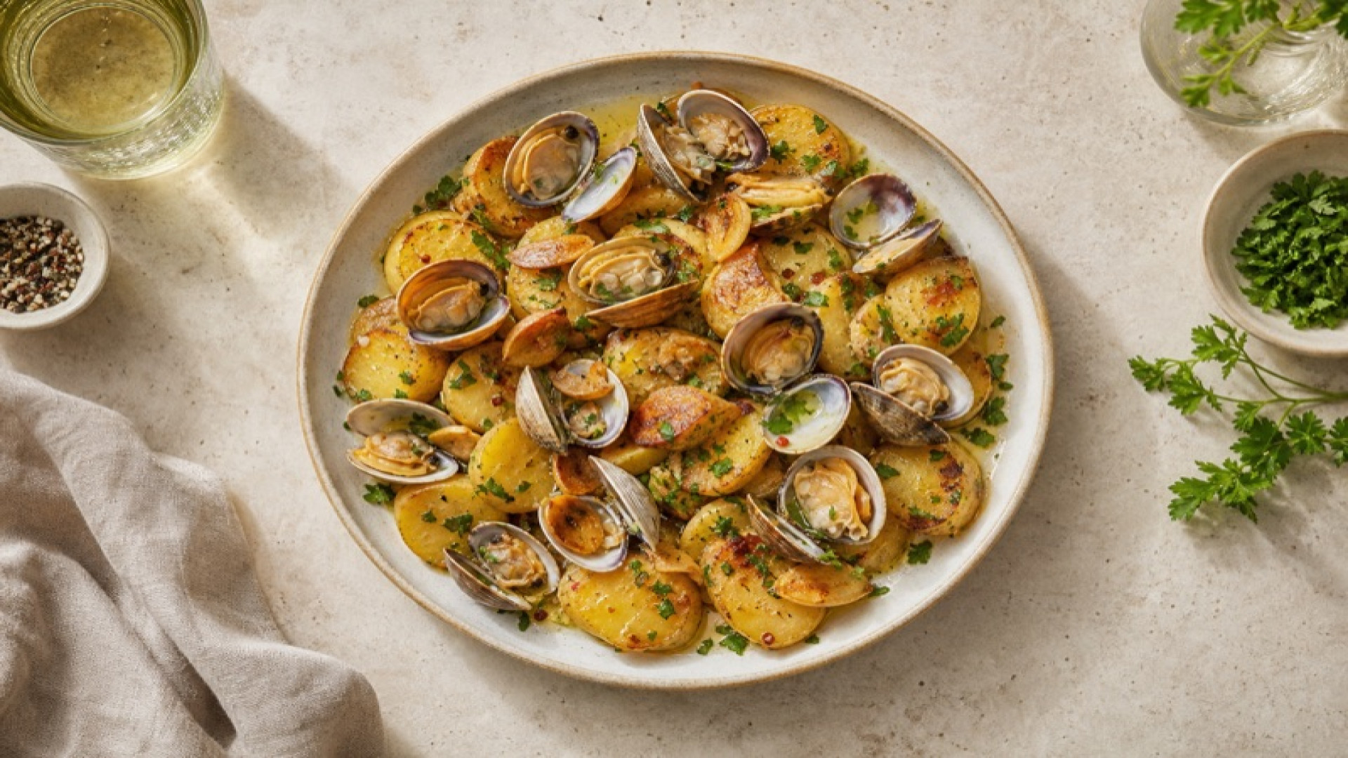 Herzhafte Kartoffel-Venusmuschel-Pfanne mit Knoblauch