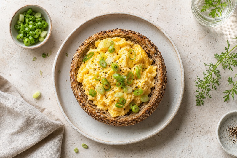 Herzhafte Mehrkorntoast-Bowl mit Rührei und Frühlingszwiebeln