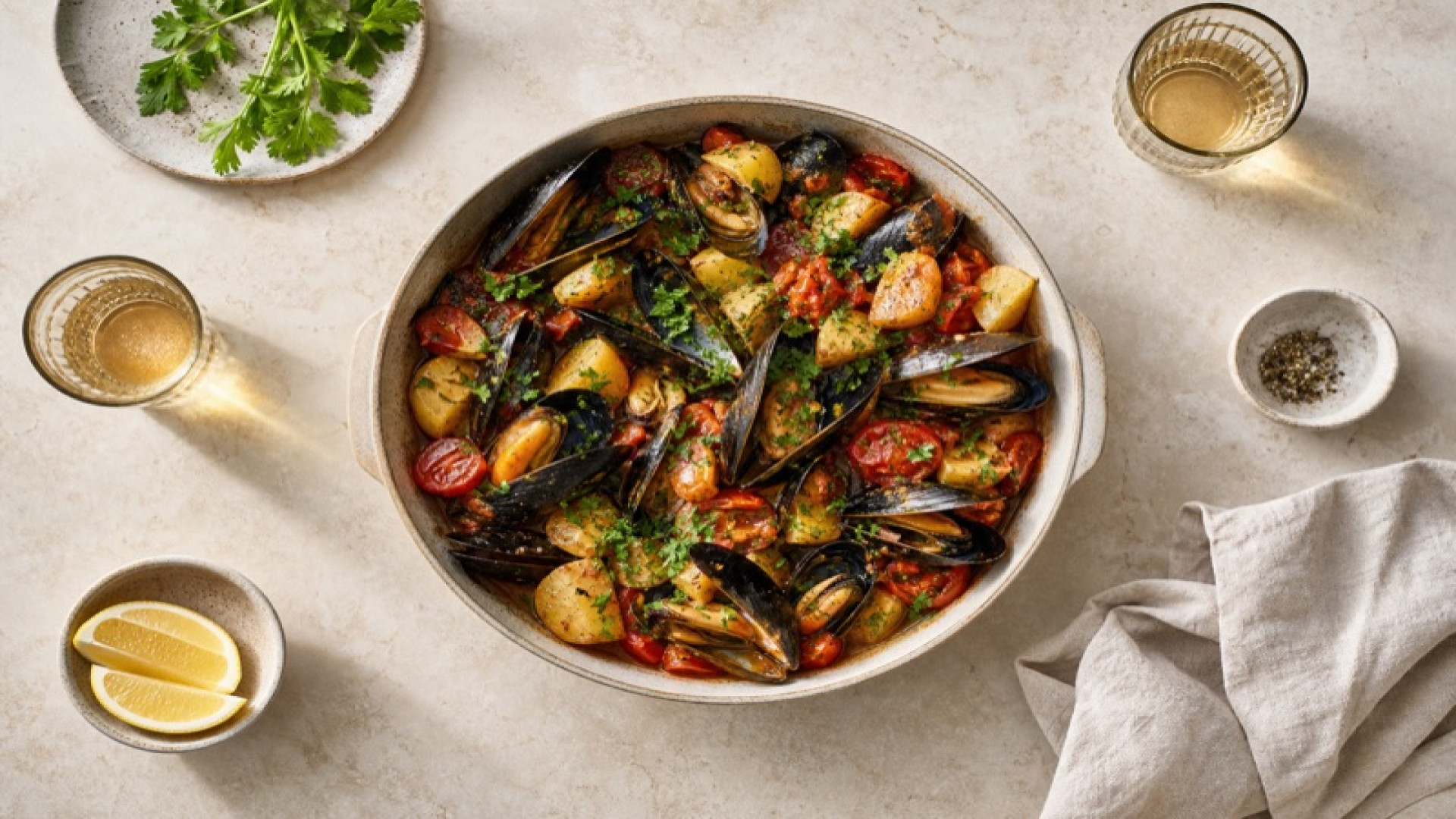 Herzhafte Miesmuscheln-Pfanne mit Kartoffeln und Tomaten