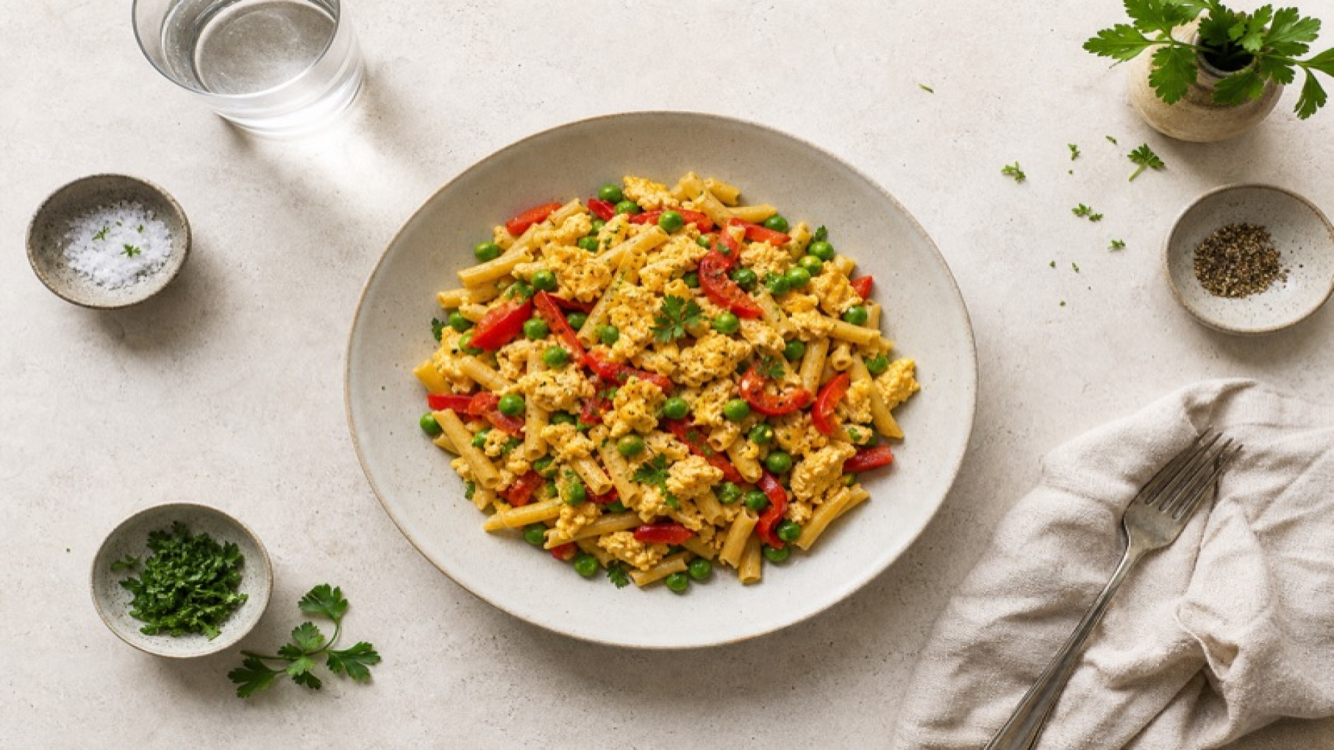 Herzhafte Pasta mit Paprika, Erbsen und Rührei
