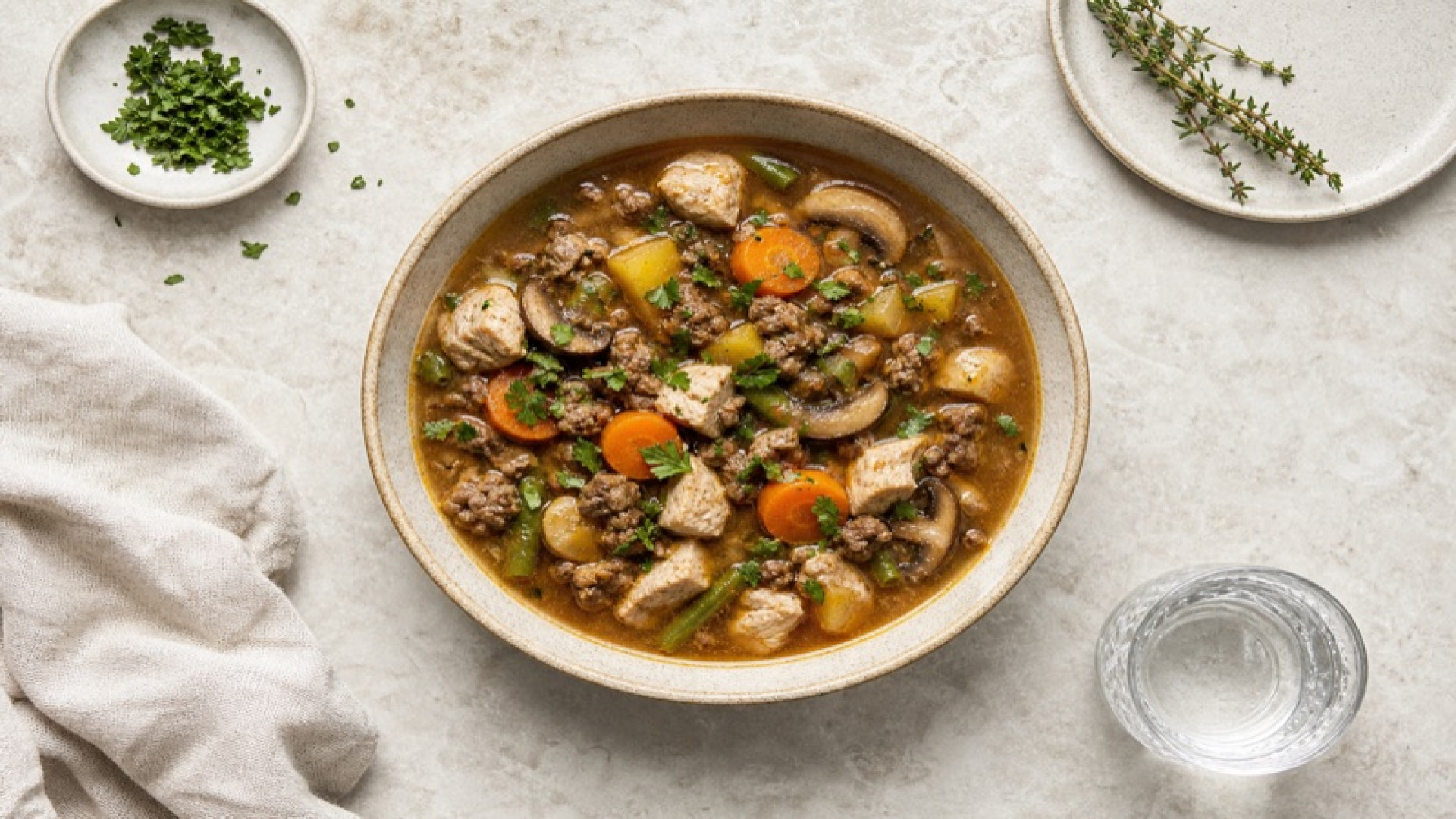 Herzhafte Puten-Eintopf-Bowl mit Rinderhack und Champignons