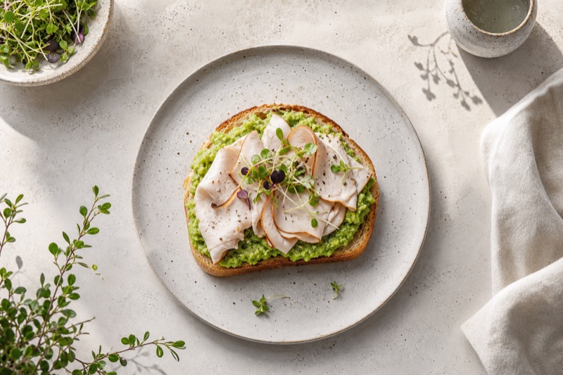 Herzhafter Brötchen-Toast mit Pute und Brokkoli-Püree