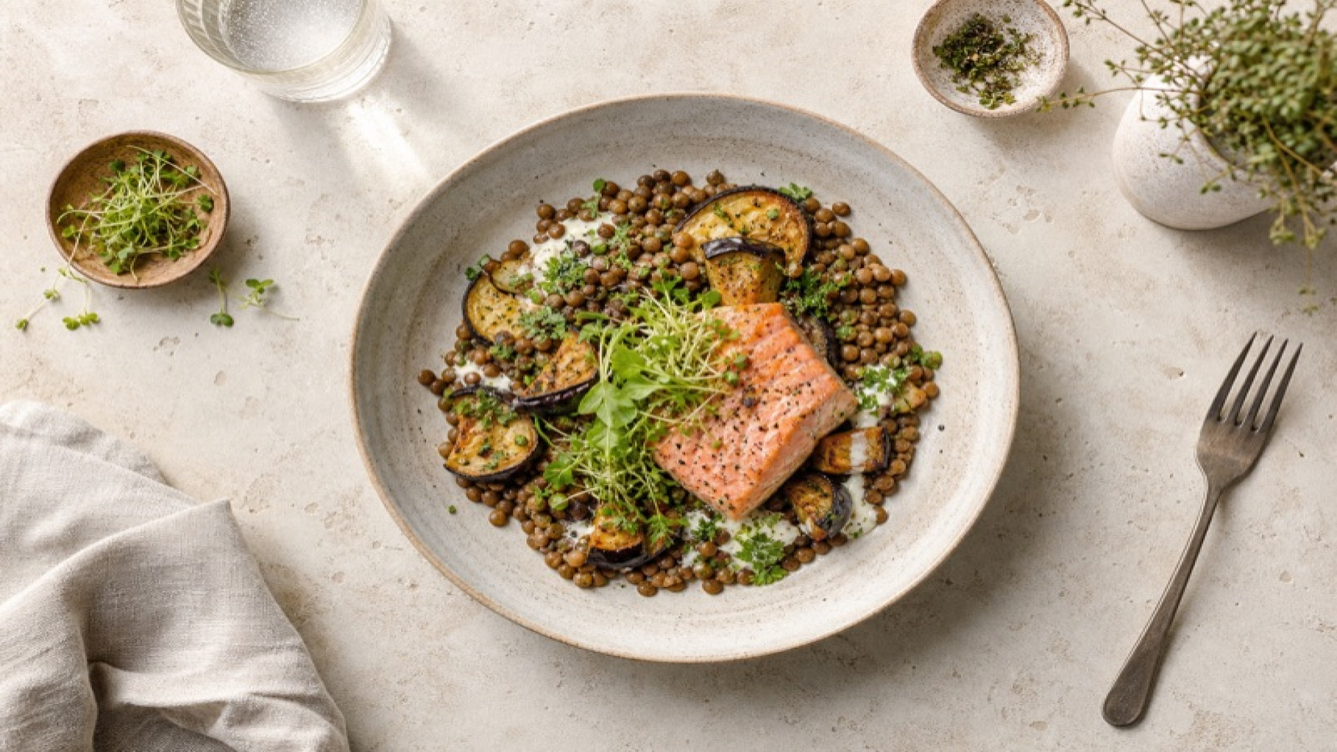 Herzhafter Buckellachs-Bowl mit Linsen und Aubergine