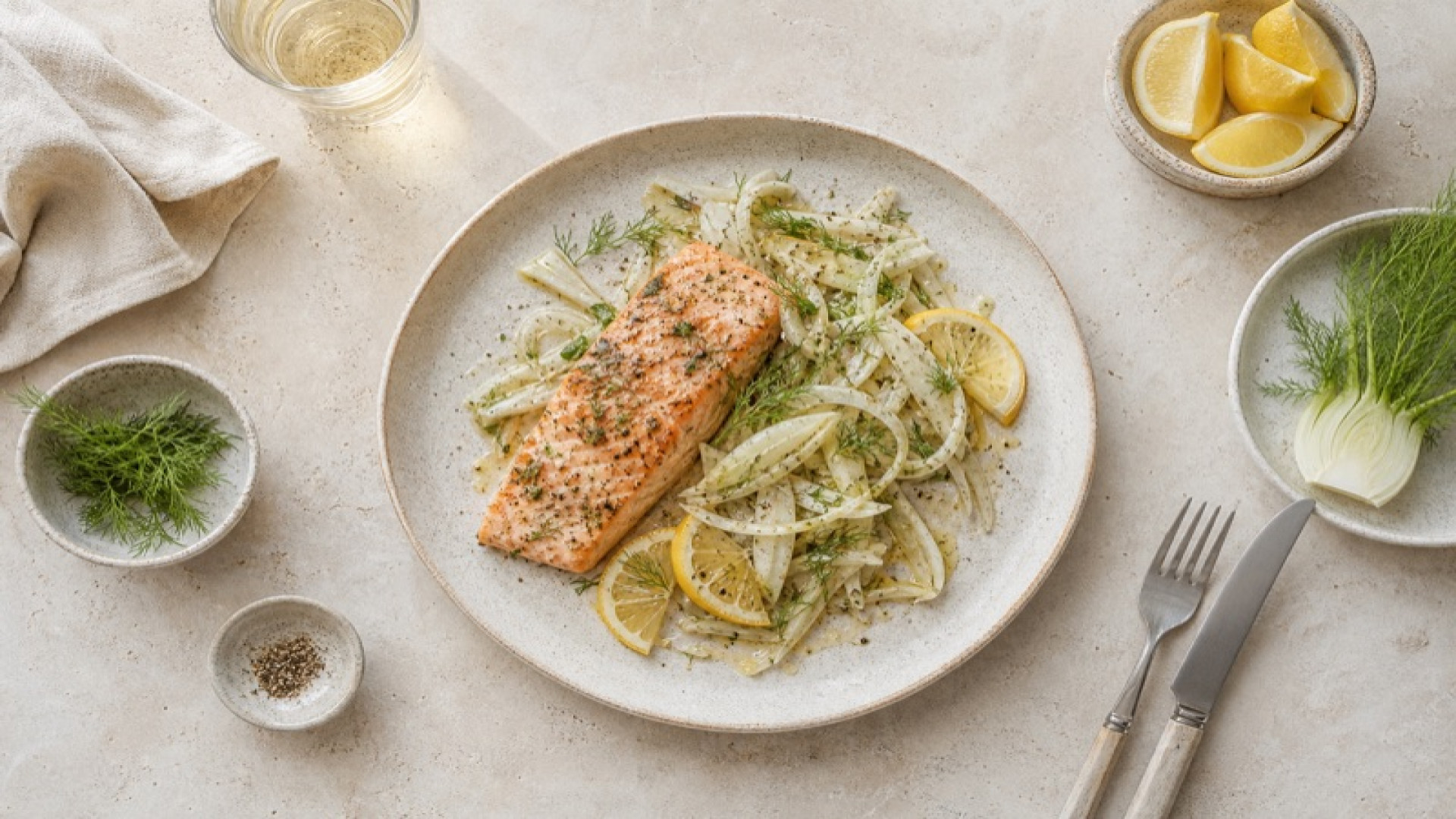 Herzhafter Buckellachs-Teller mit Fenchel und Zitrone