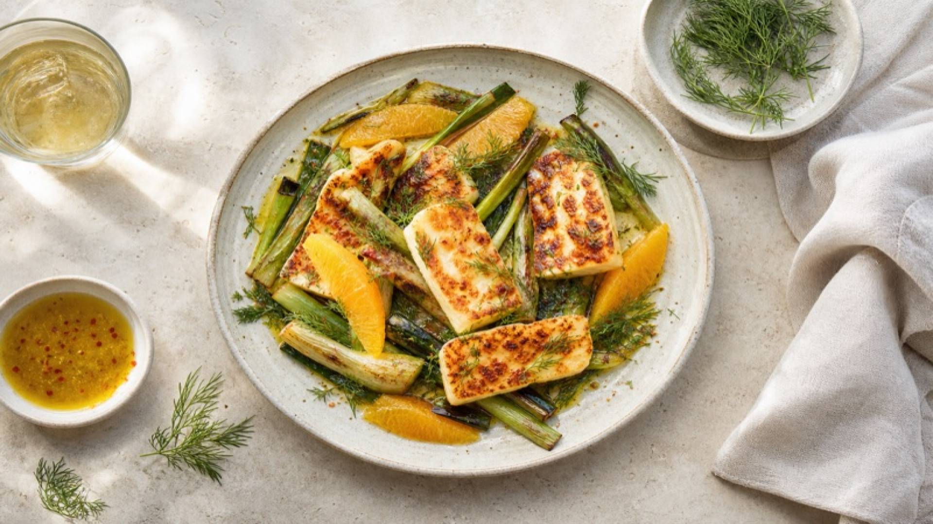 Herzhafter Halloumi-Teller mit Frühlingszwiebeln und Zitrus-Dressing