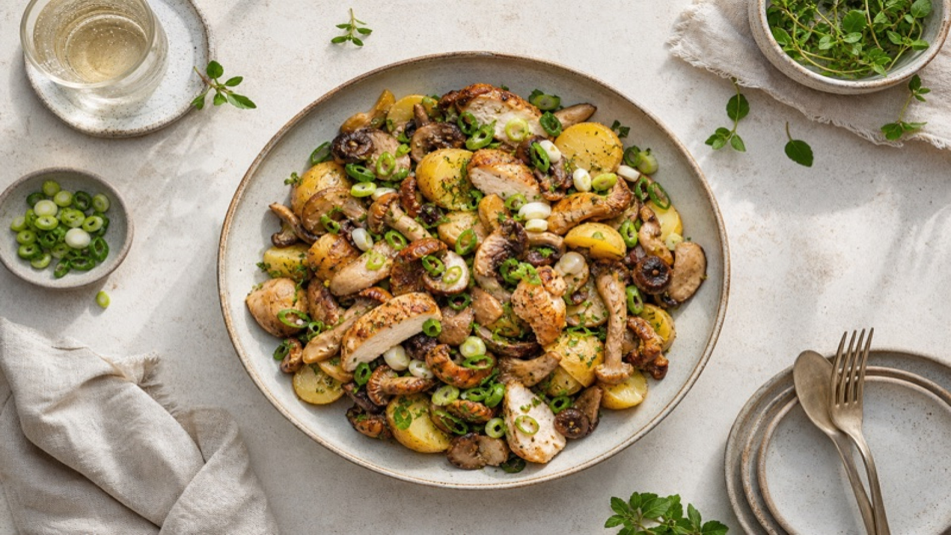 Herzhafter Hähnchen-Kartoffelsalat mit Mischpilzen und Frühlingszwiebeln