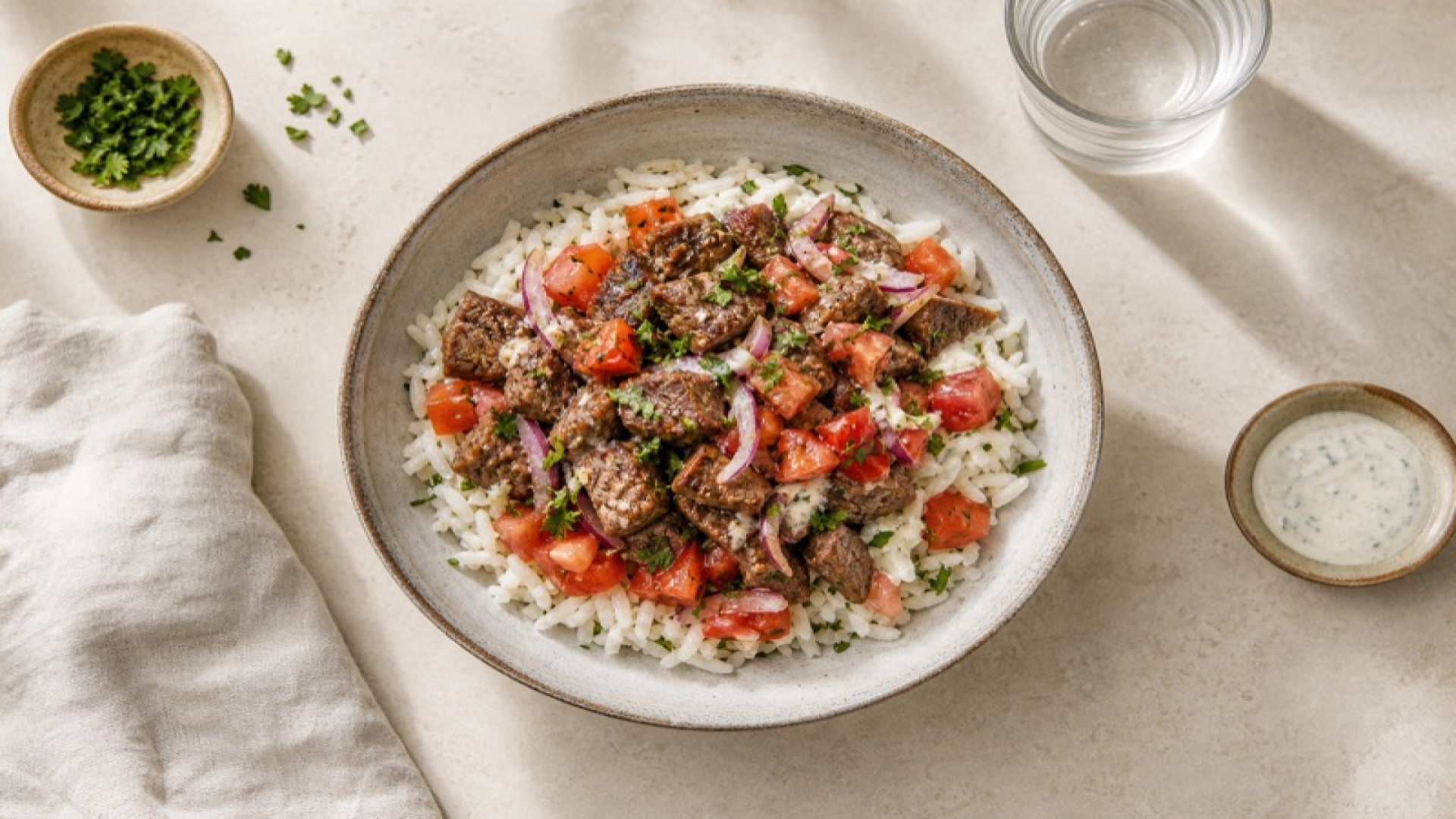 Herzhafte Rindfleisch-Reisbowl mit gewürfelten Tomaten