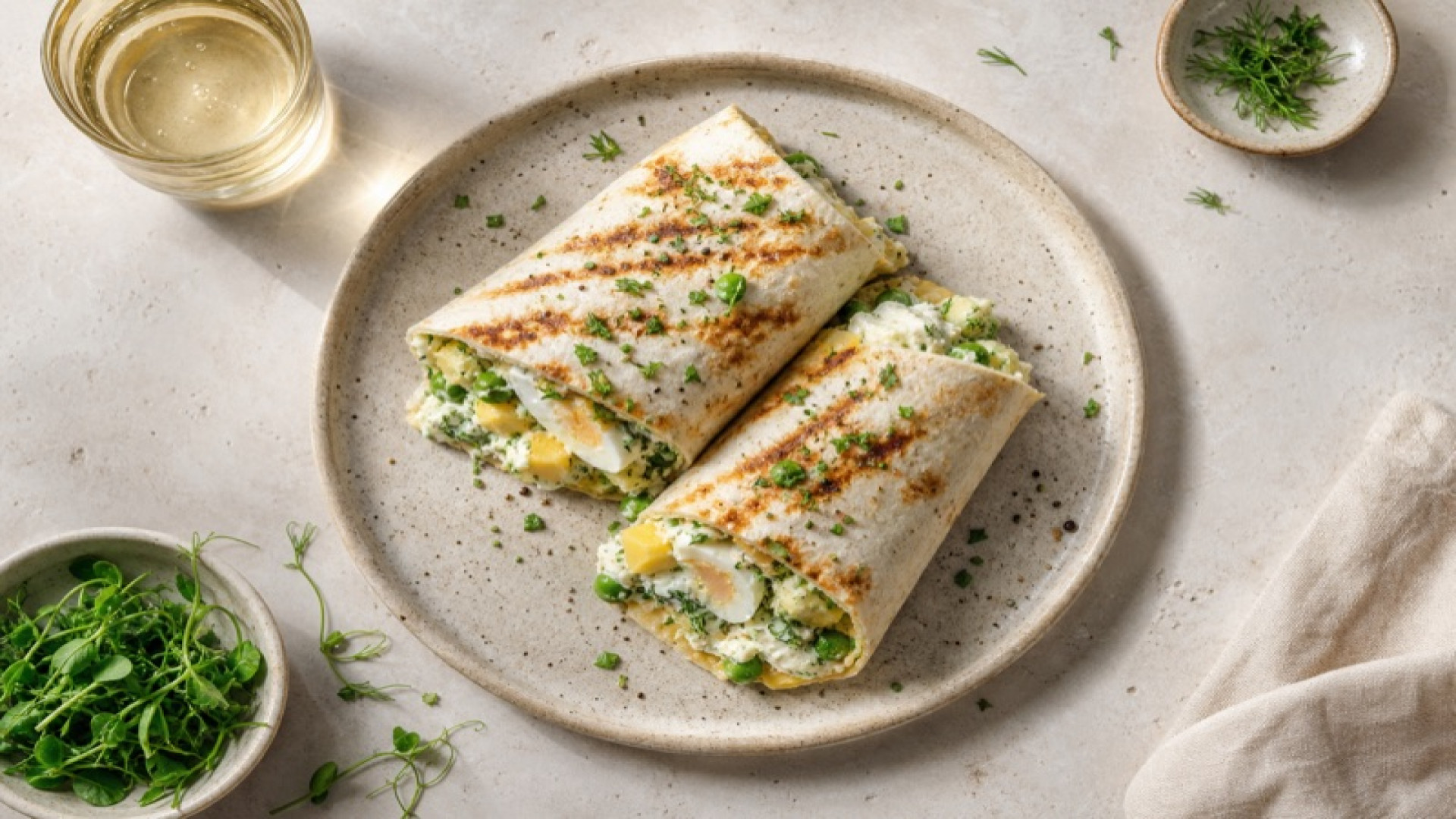 Herzhafter Kartoffel-Ei-Wrap mit Erbsen und Frischkäse