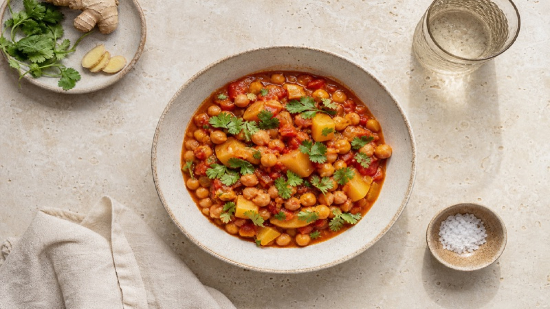 Herzhafter Kartoffel-Kichererbsen-Eintopf mit Tomaten und Ingwer