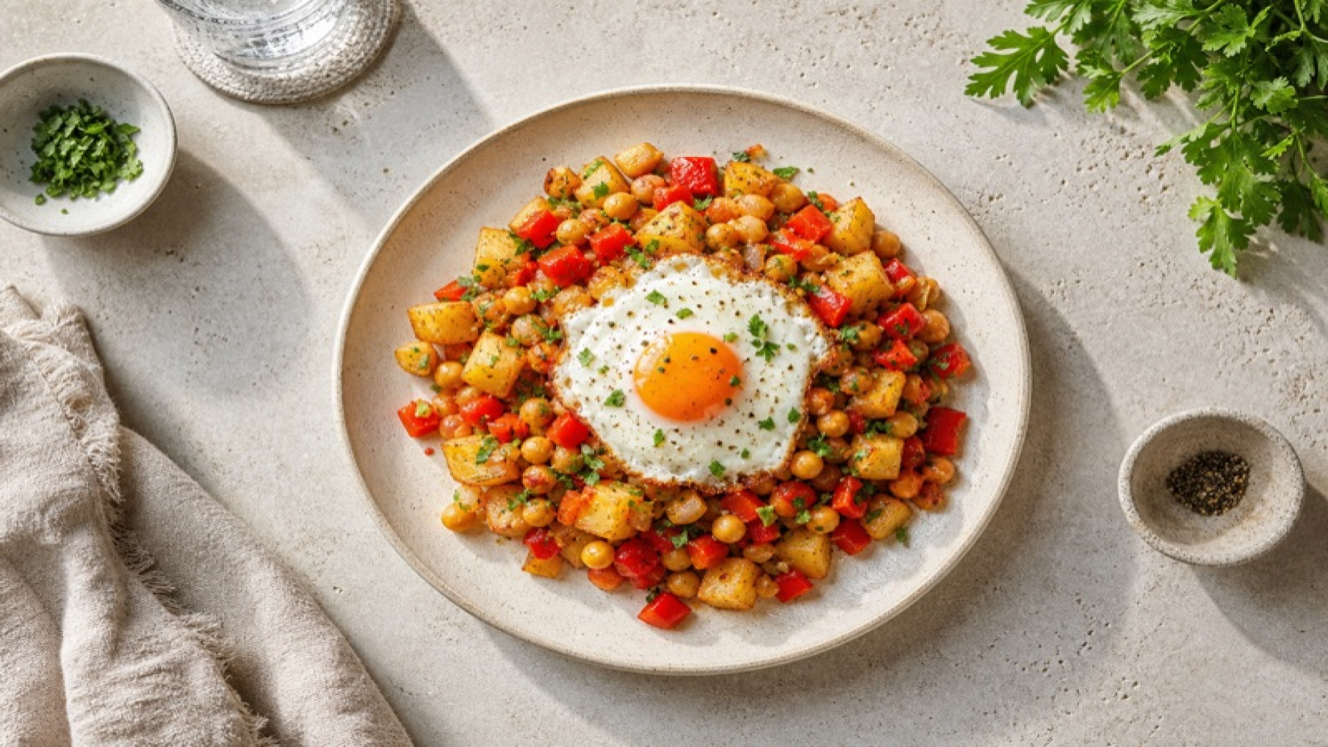 Herzhafter Kartoffel-Kichererbsen-Hash mit Paprika und Ei