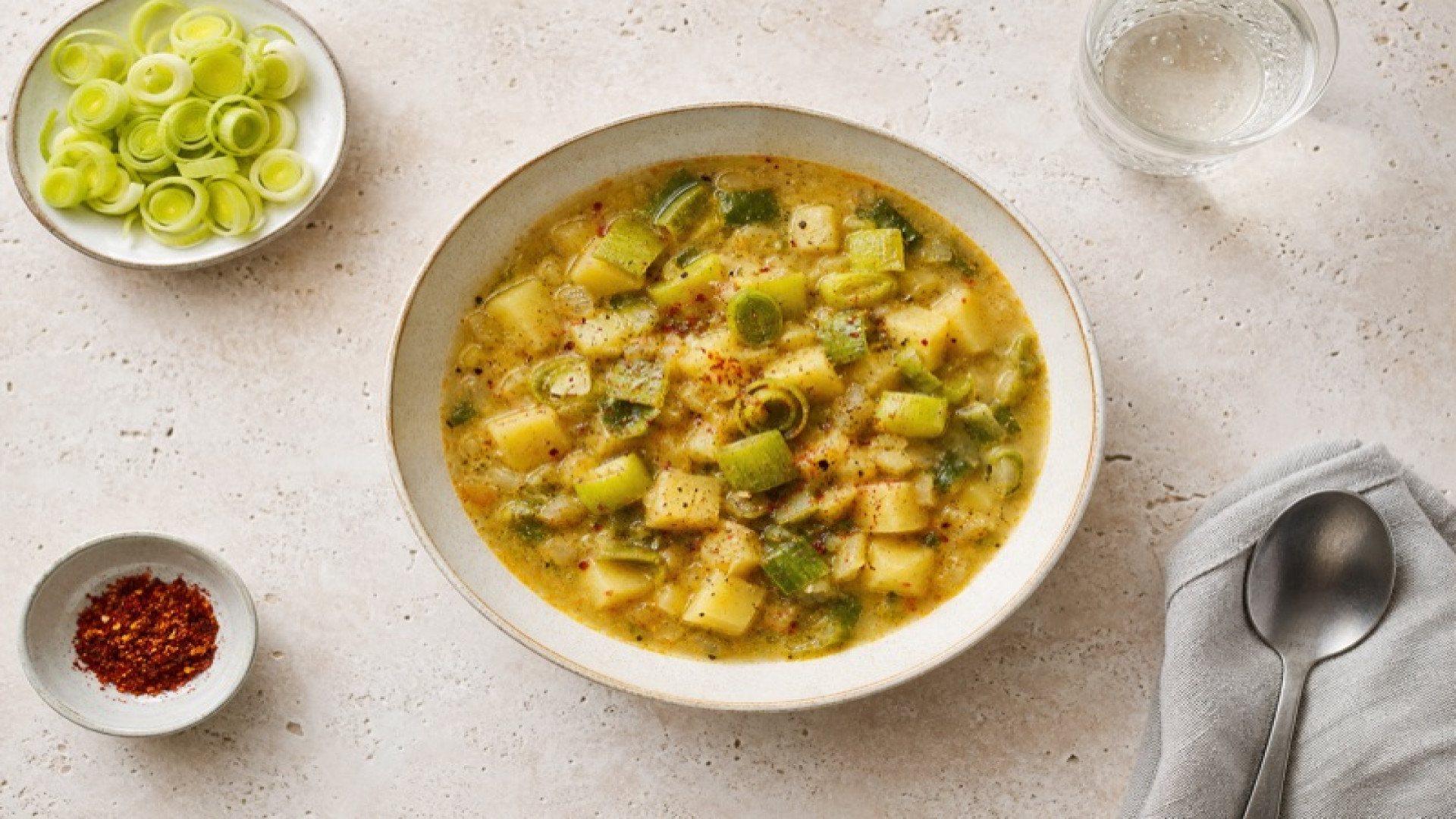 Herzhafter Kartoffel-Lauch-Eintopf mit Chilipulver