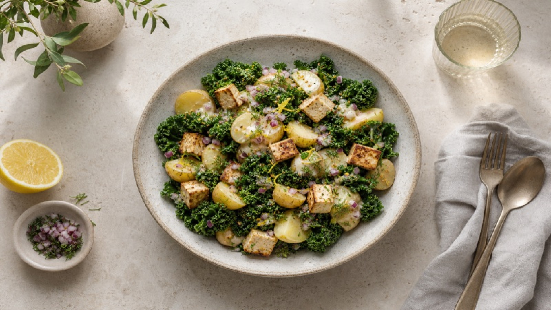 Herzhafter Kartoffelsalat mit Grünkohl, Tofu und Miso-Zitronen-Dressing