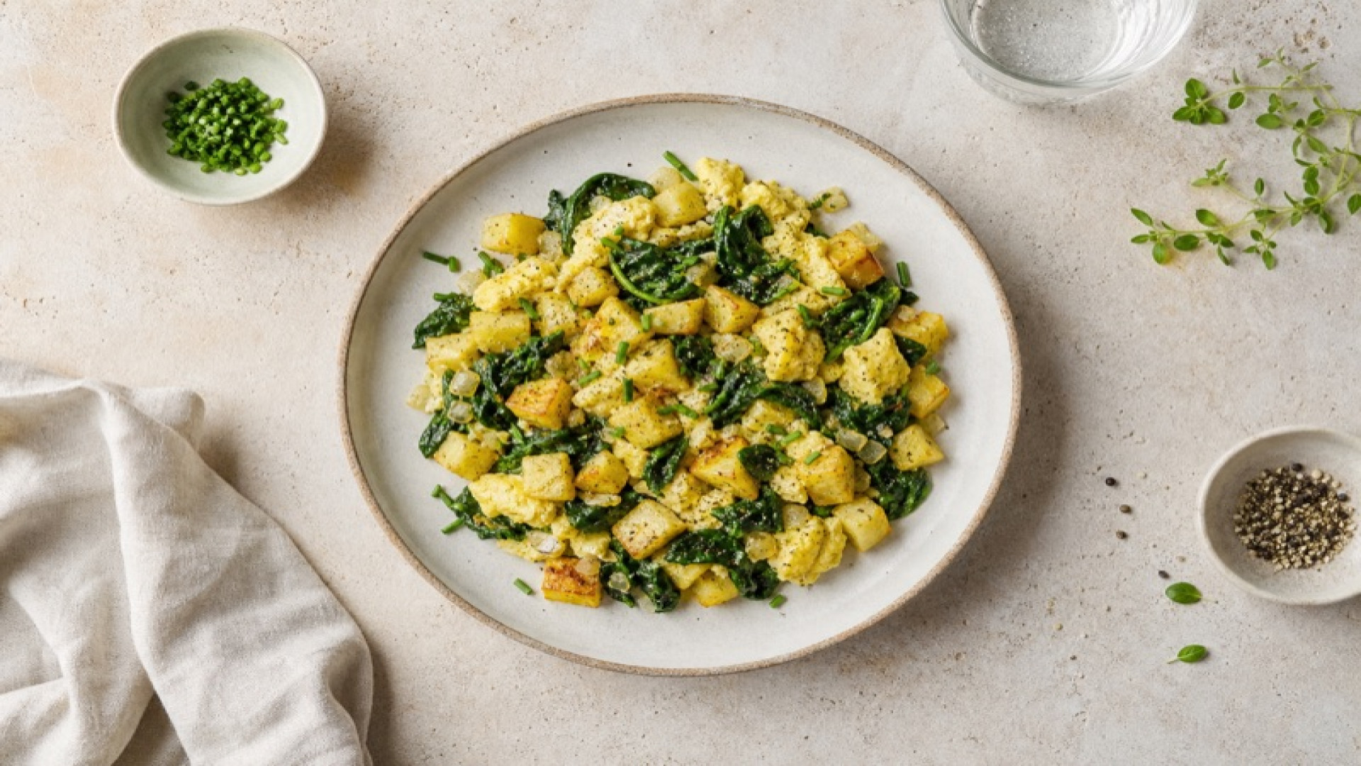 Herzhafter Kartoffel-Spinat-Scramble mit Ei
