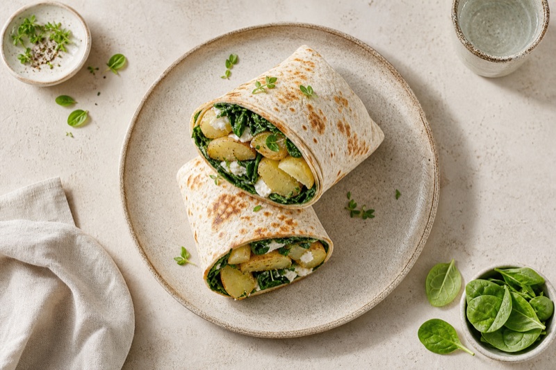 Herzhafter Kartoffel-Spinat-Wrap mit Ziegenfrischkäse