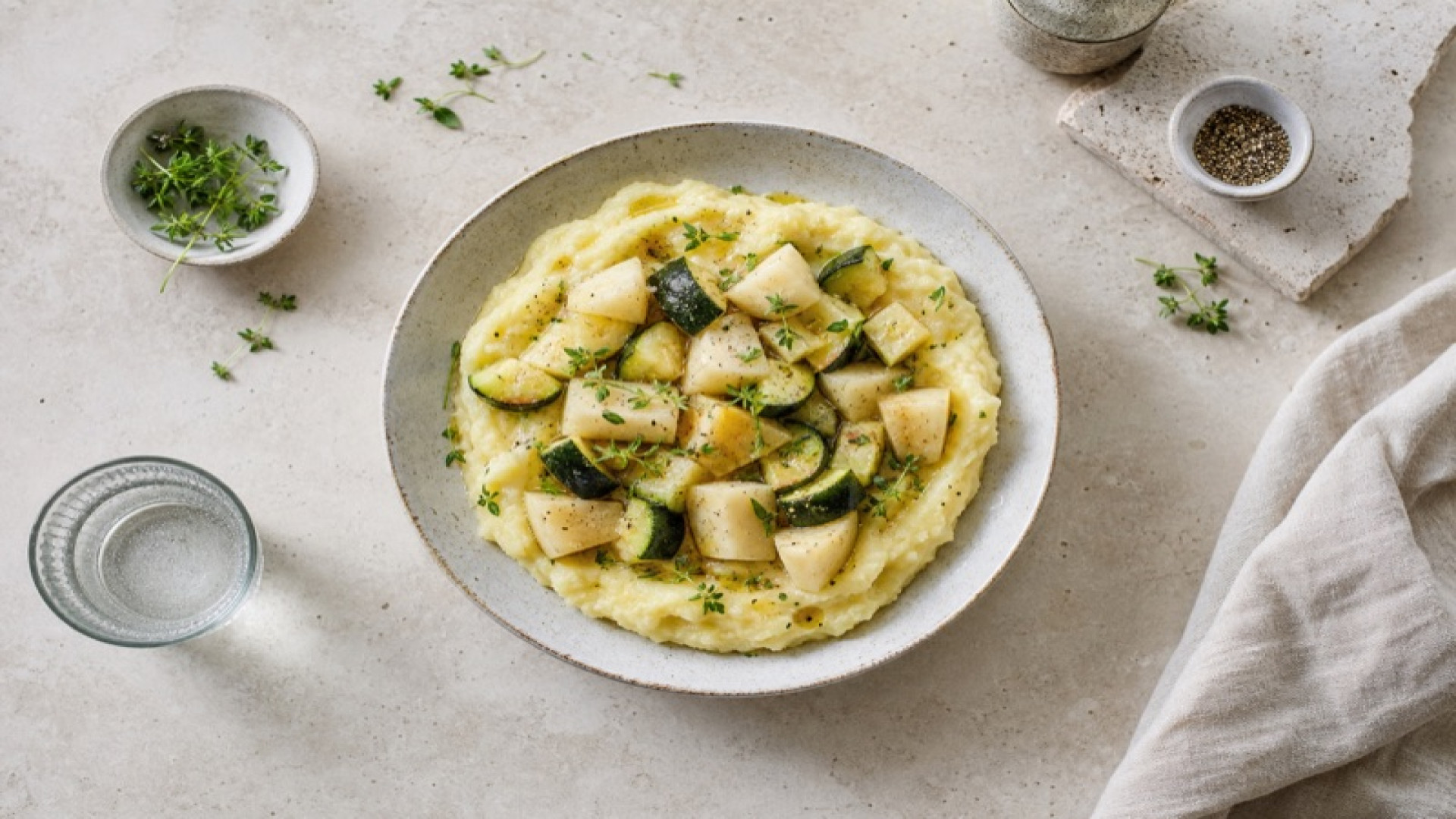 Herzhafter Kartoffelstampf mit gedünstetem Knollensellerie und Zucchini