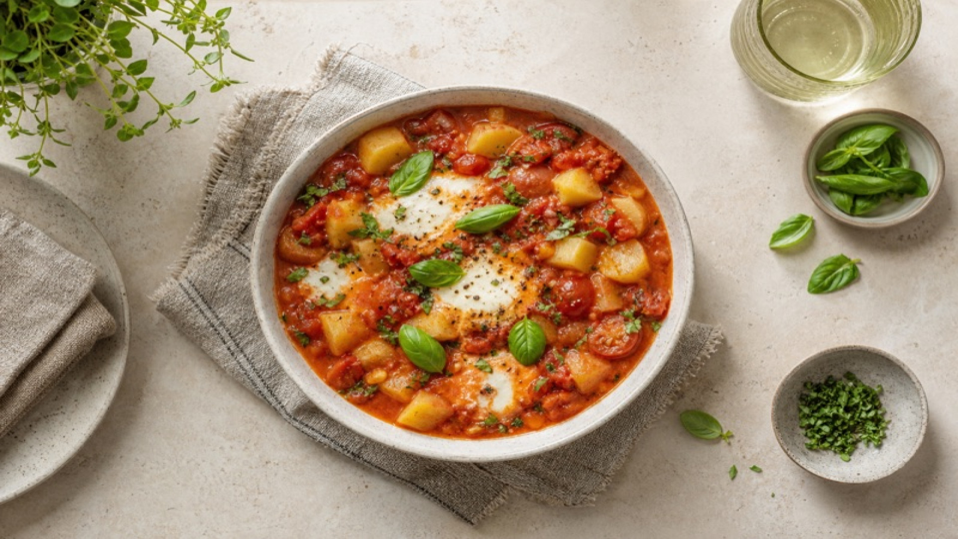 Herzhafter Kartoffel-Tomaten-Eintopf mit Mozzarella