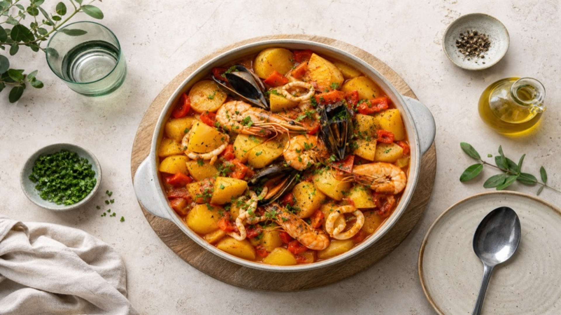 Herzhafter Kartoffeltopf mit Meeresfrüchten und Paprika