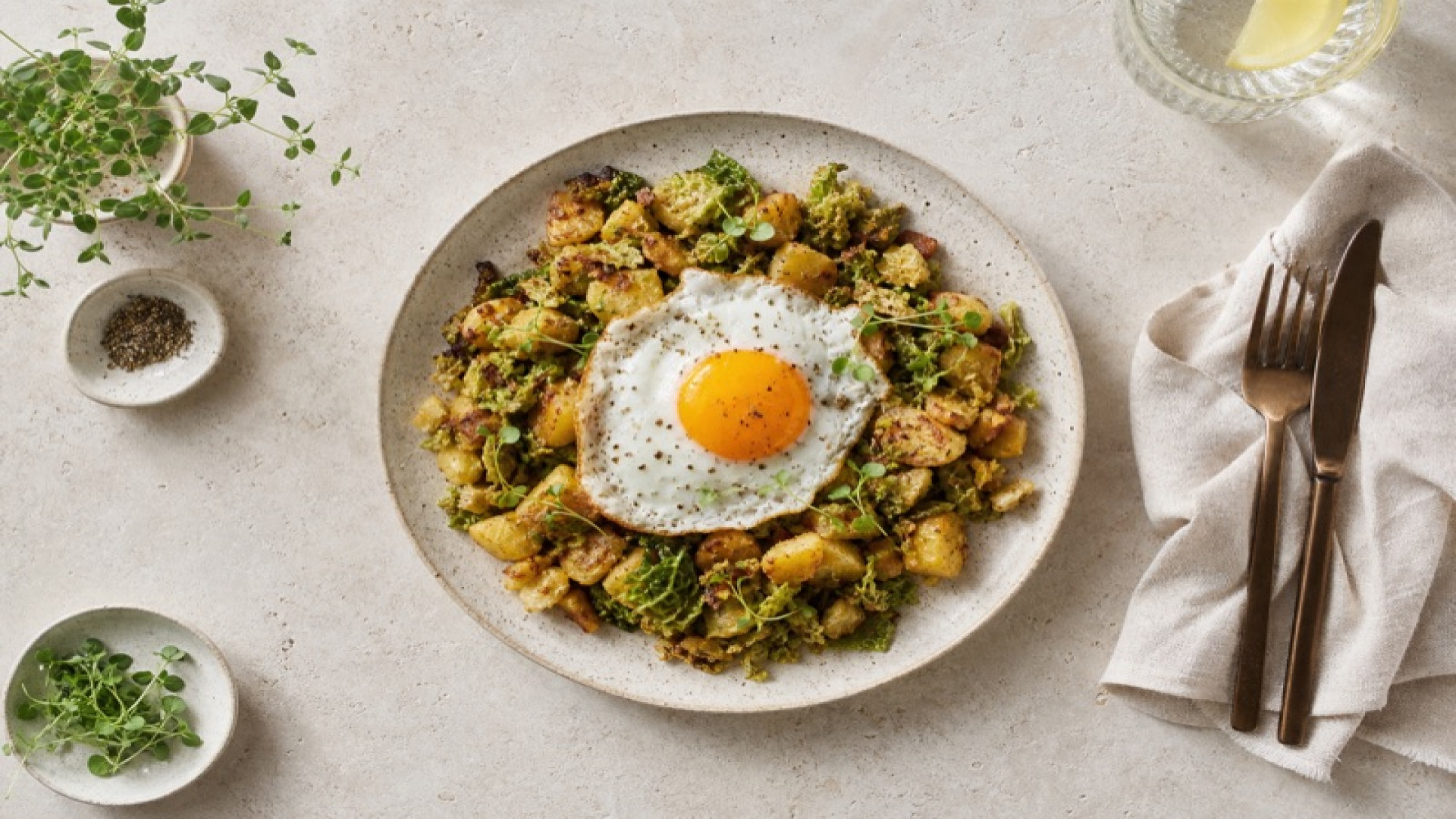 Herzhafter Kartoffel-Wirsing-Hash mit Spiegelei
