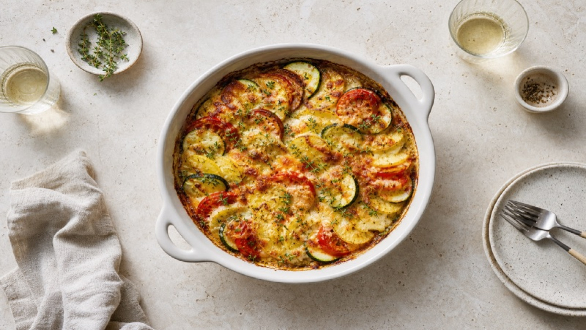 Herzhafter Kartoffel-Zucchini-Auflauf mit Tomaten und Senf