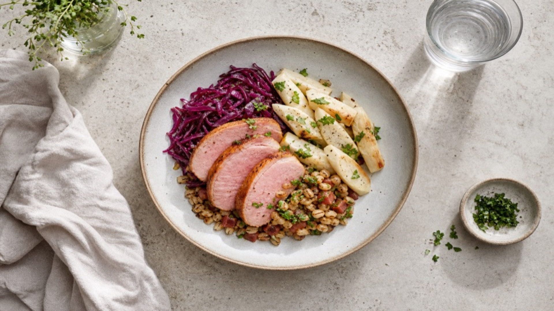 Herzhafter Kasseler-Bowl mit Rotkohl und Schwarzwurzel