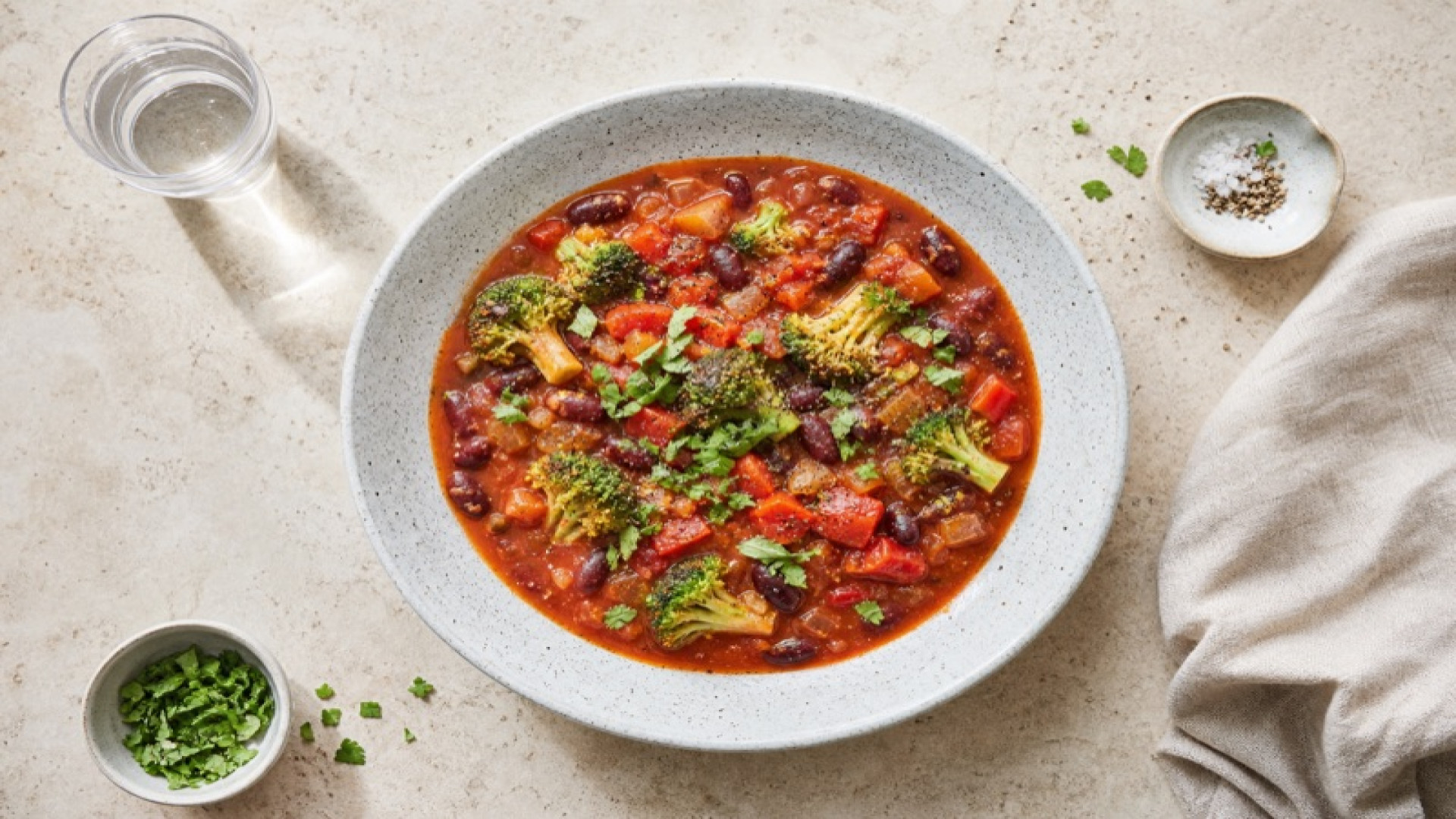 Herzhafter Kidneybohnen-Tomaten-Eintopf mit Brokkoli