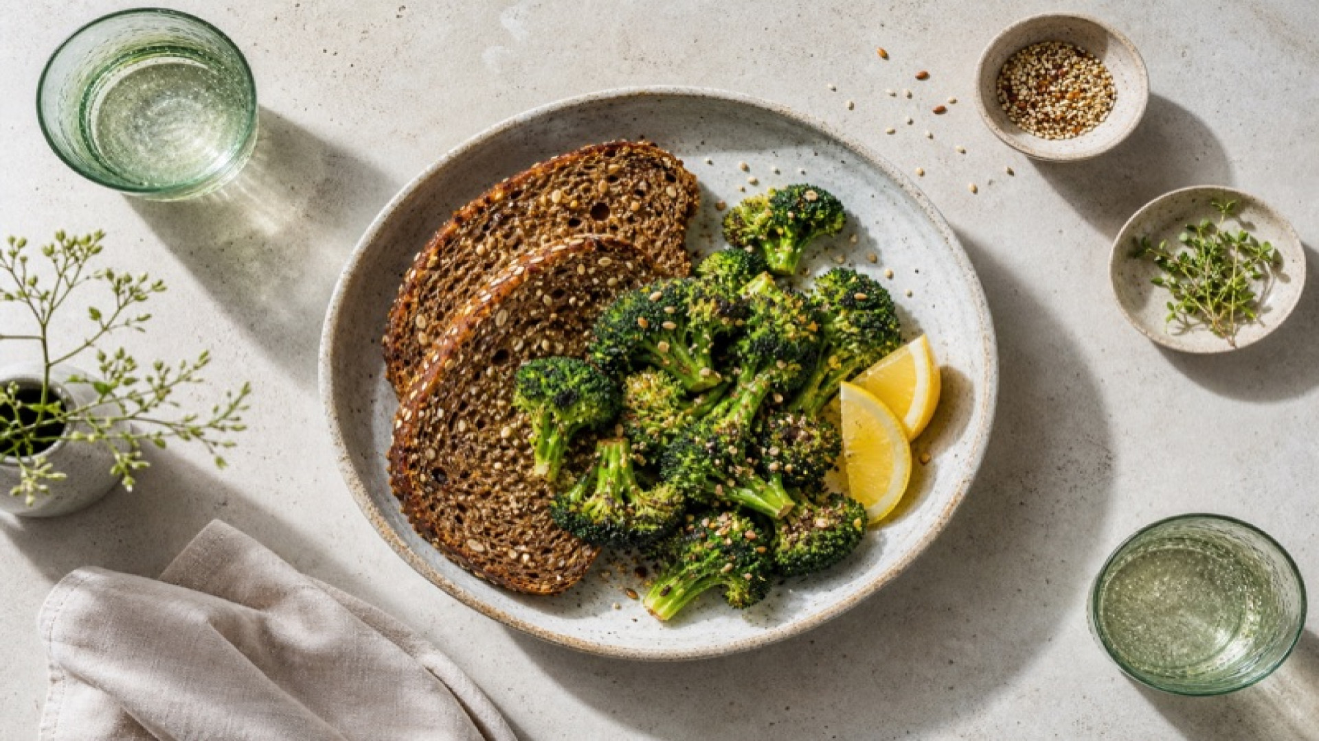 Herzhafter Mehrkornbrot-Teller mit Broccoli und Zitrone