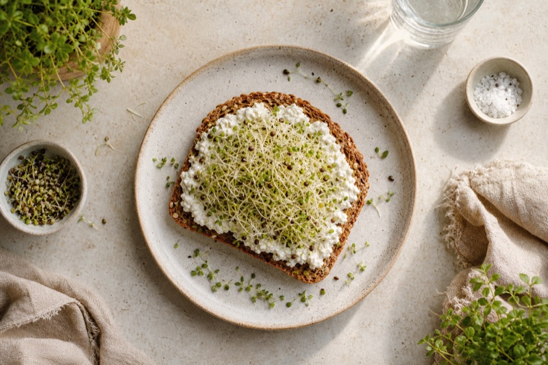 Herzhafter Mehrkorntoast mit Körnigem Frischkäse und Alfalfasprossen