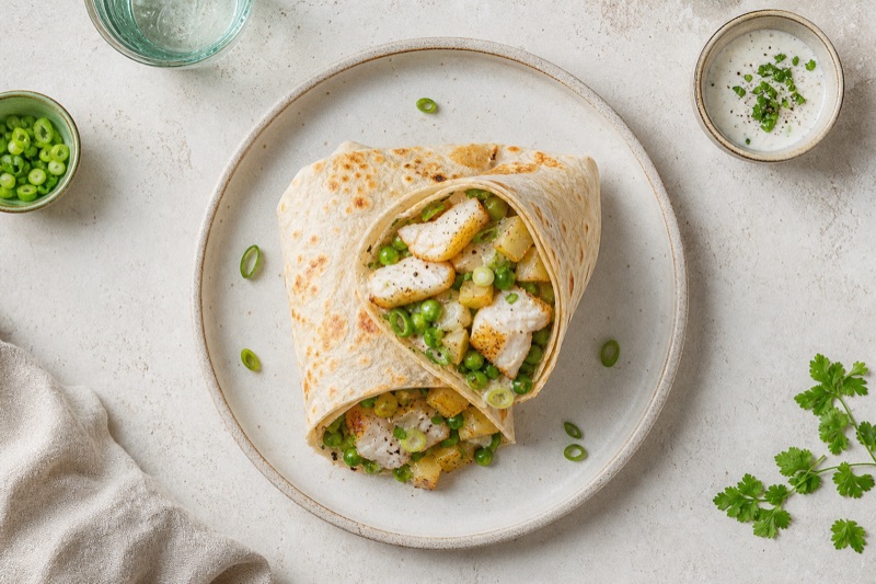 Herzhafter Pangasius-Kartoffel-Wrap mit Erbsen und Frühlingszwiebeln
