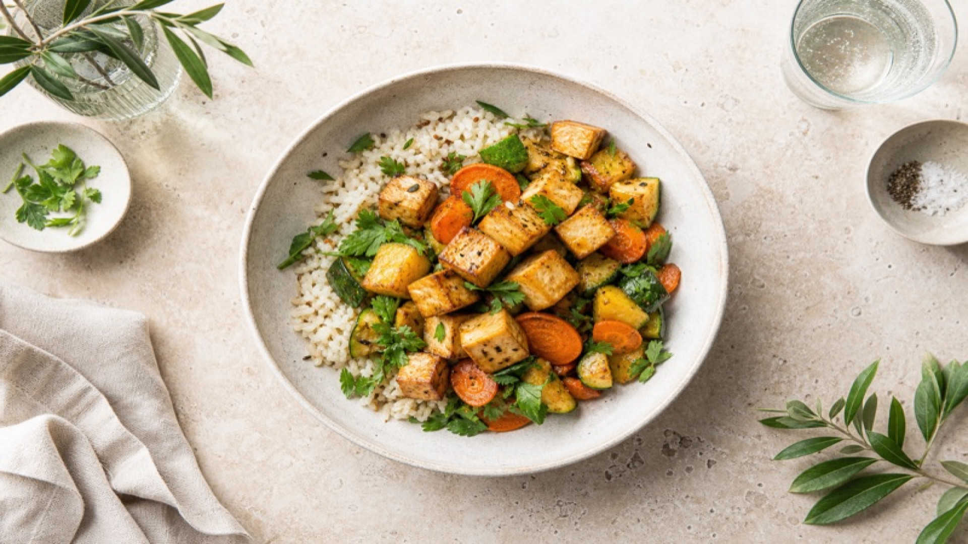 Herzhafter Reis-Gemüse-Bowl mit Tofu und Kreuzkümmel