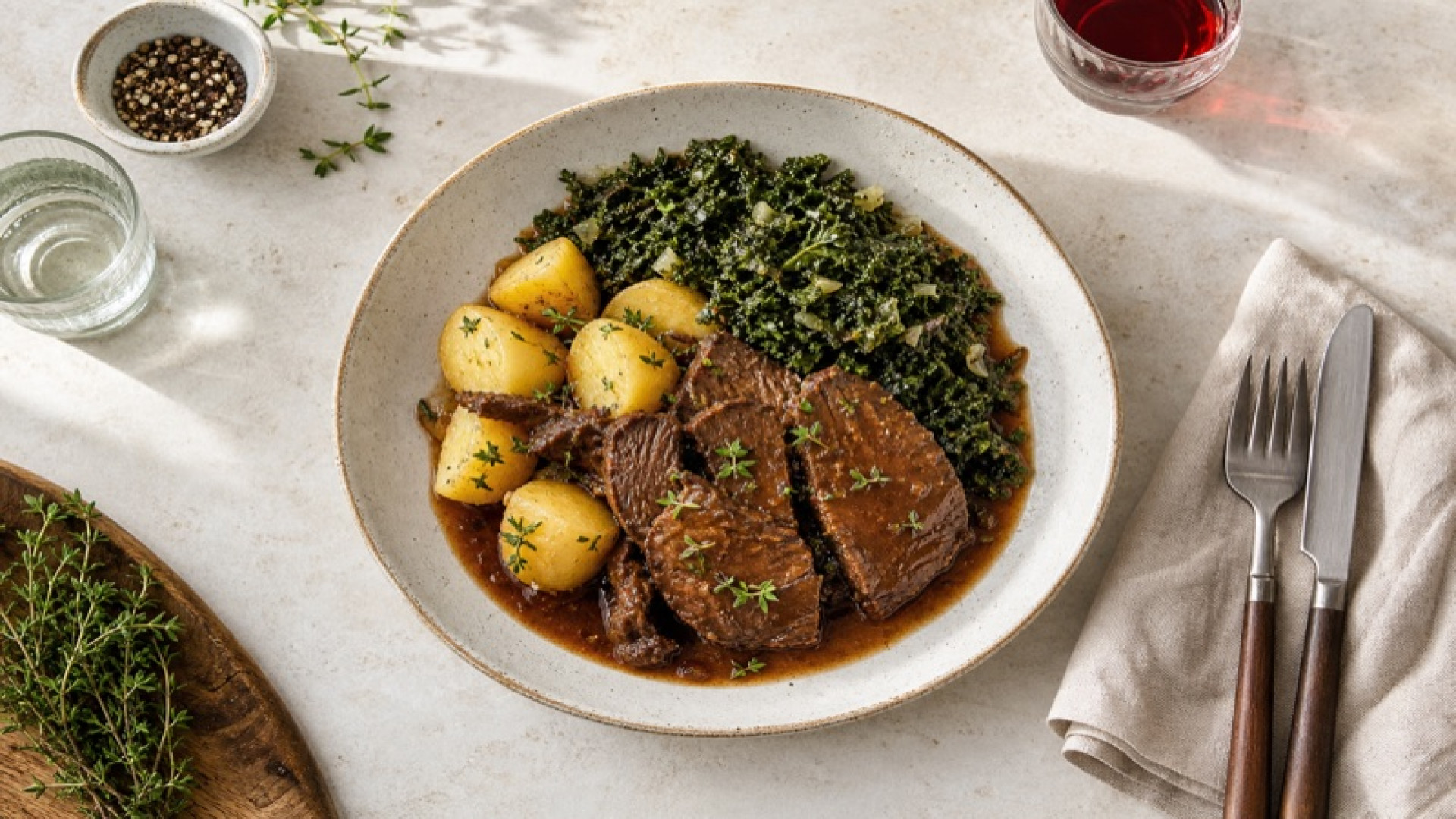 Herzhafter Rinderschmorbraten mit Kartoffeln und Grünkohl